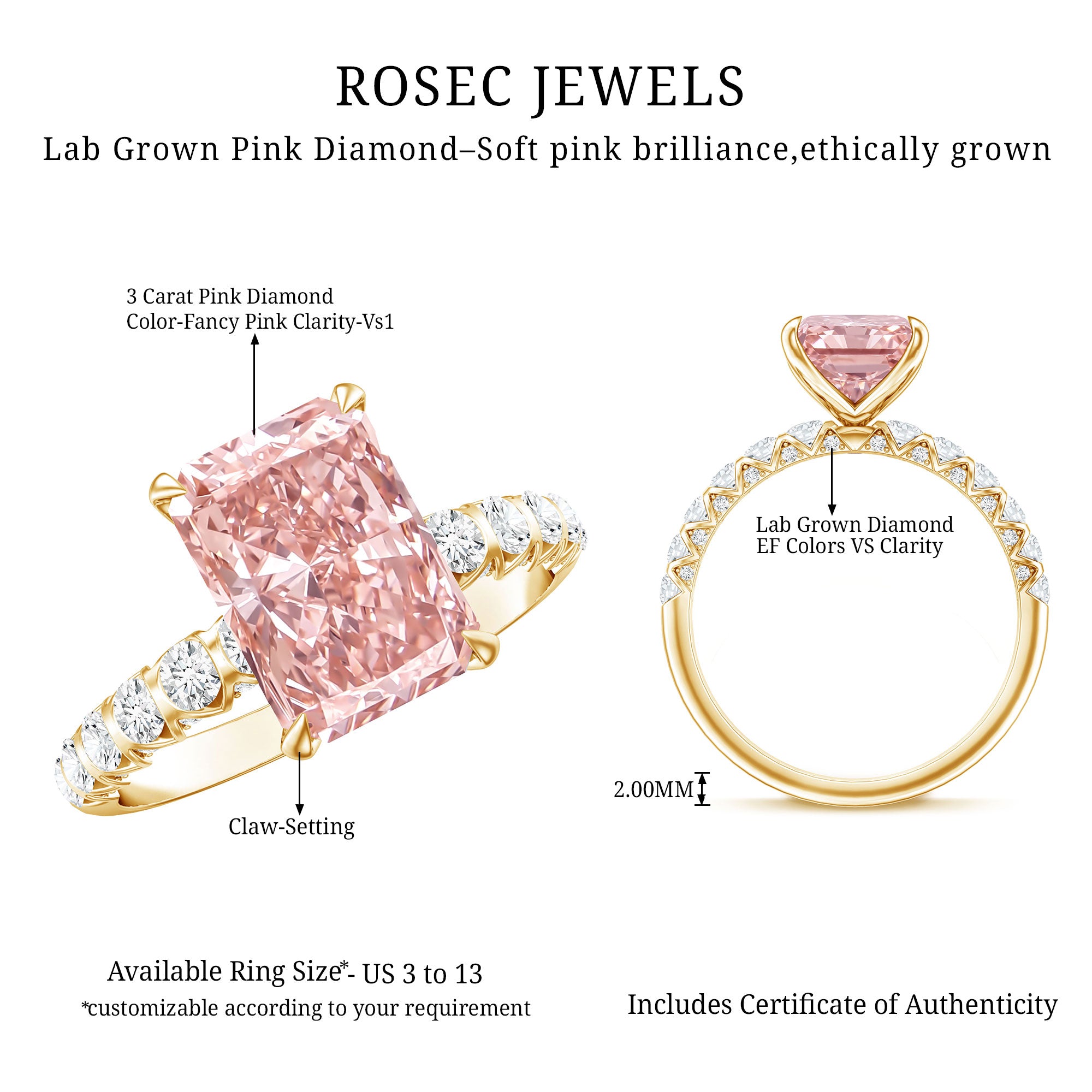 Rosec Jewels-IGI Certified Radiant Cut Lab Pink Diamond 3 Carat Engagement Ring with Side Stones
