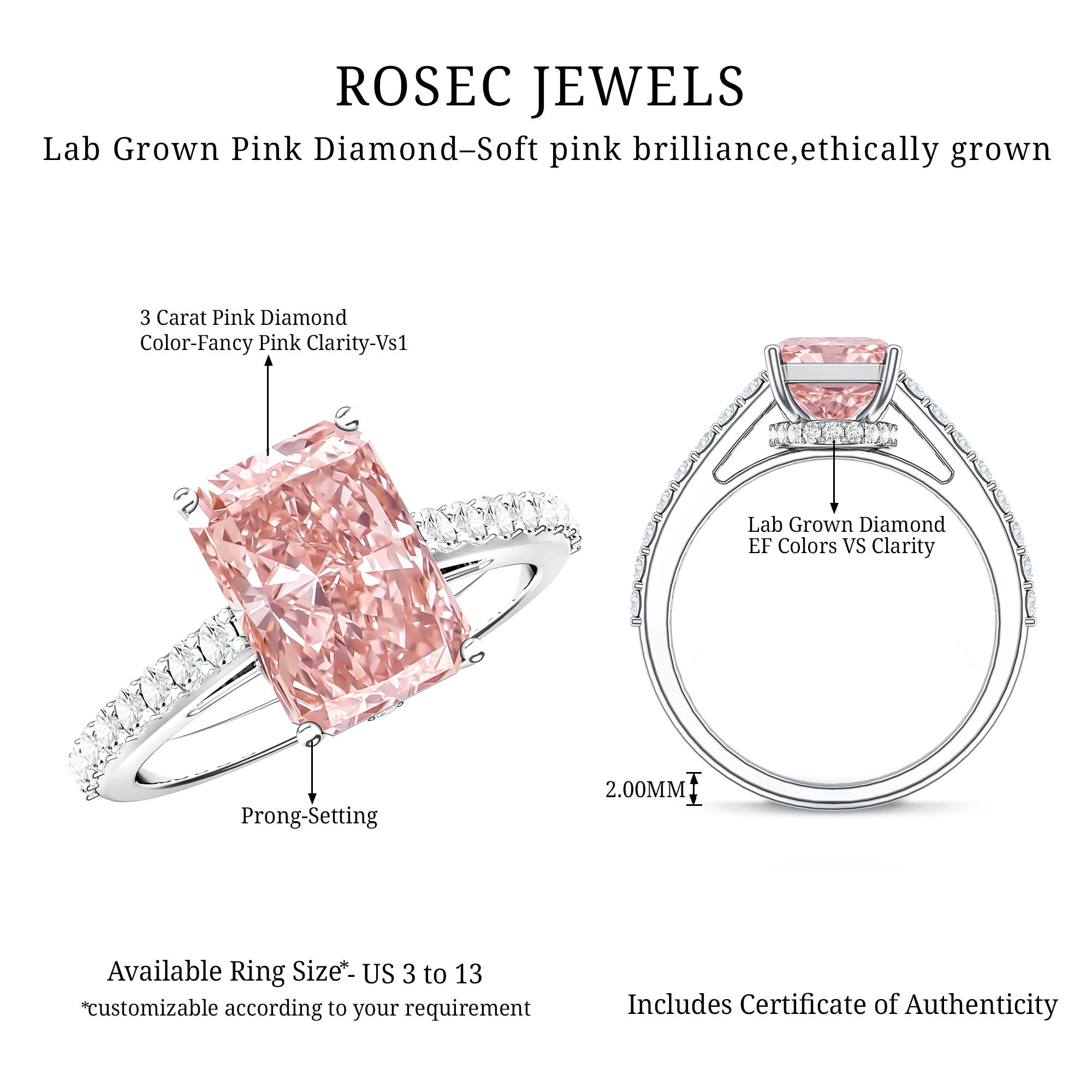 Rosec Jewels-Radiant Cut 3 Carat Lab Grown Pink Diamond Engagement Ring with IGI Certificate