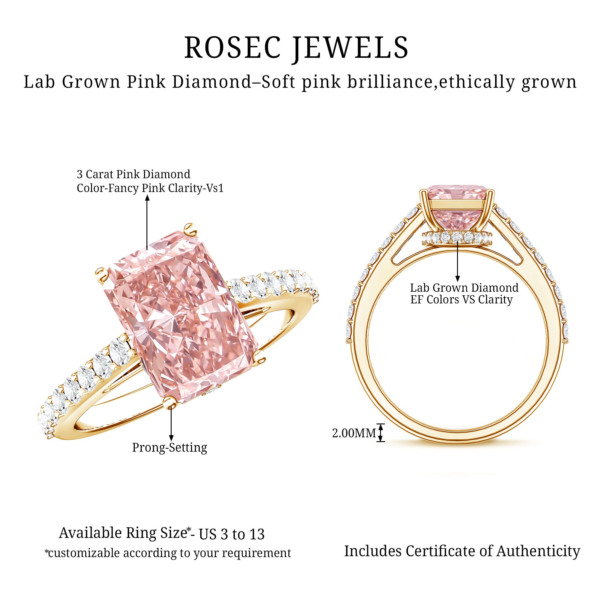 Rosec Jewels-Radiant Cut 3 Carat Lab Grown Pink Diamond Engagement Ring with IGI Certificate