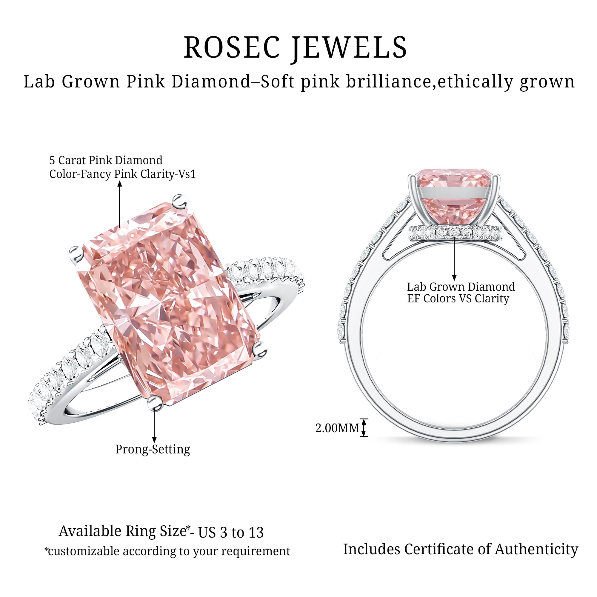 Rosec Jewels-Radiant Cut 5 Carat Lab Grown Pink Diamond Engagement Ring with IGI Certificate
