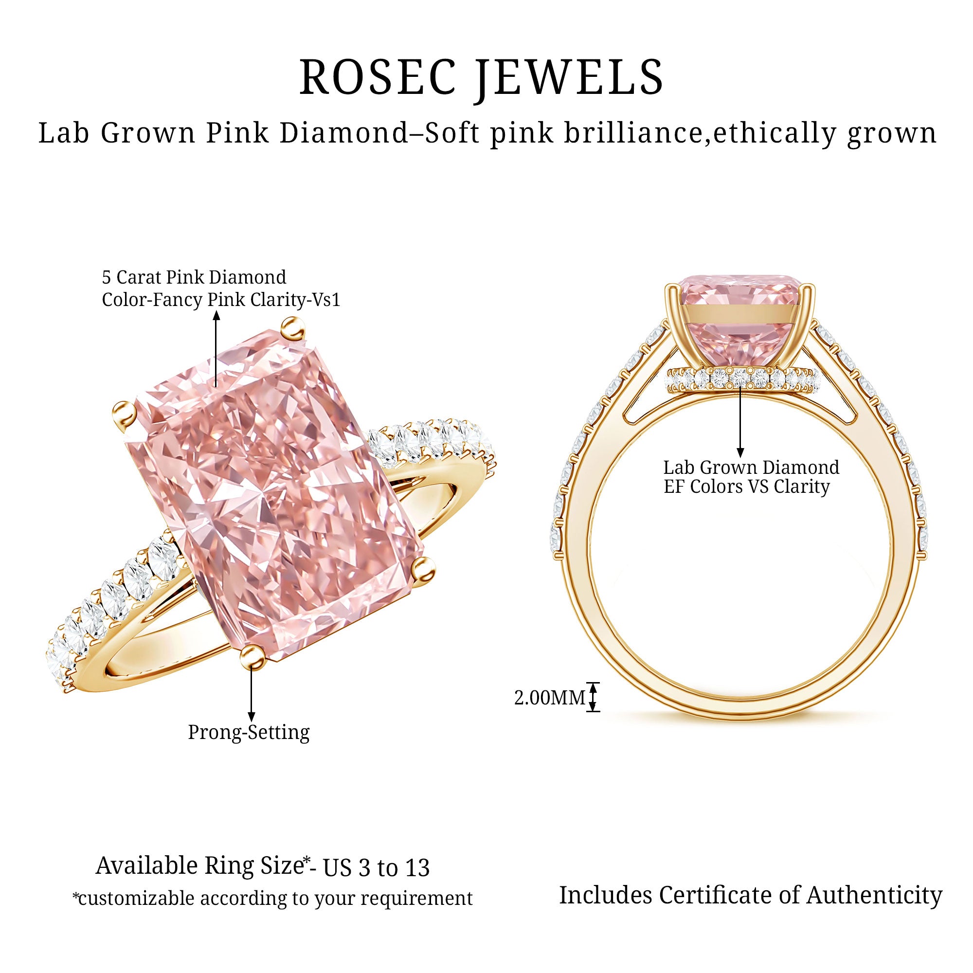 Rosec Jewels-Radiant Cut 5 Carat Lab Grown Pink Diamond Engagement Ring with IGI Certificate