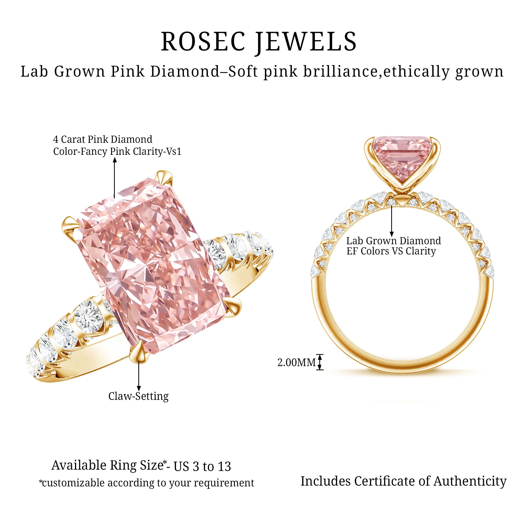 Rosec Jewels-Lab Grown 4 Carat Pink Diamond Radiant Cut Engagement Ring with IGI Certificate