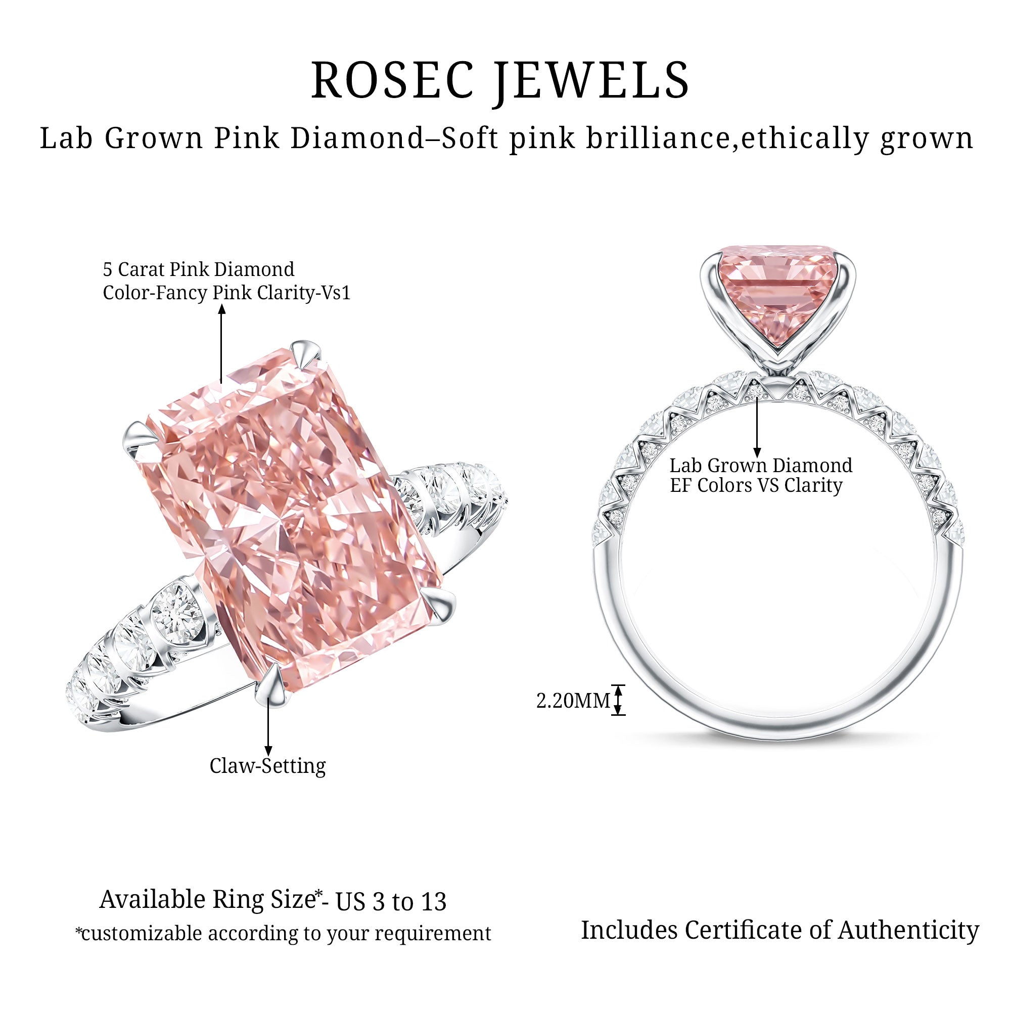 Rosec Jewels-5 Carat Radiant Lab Grown Pink Diamond Huge Statement Ring with IGI Certificate