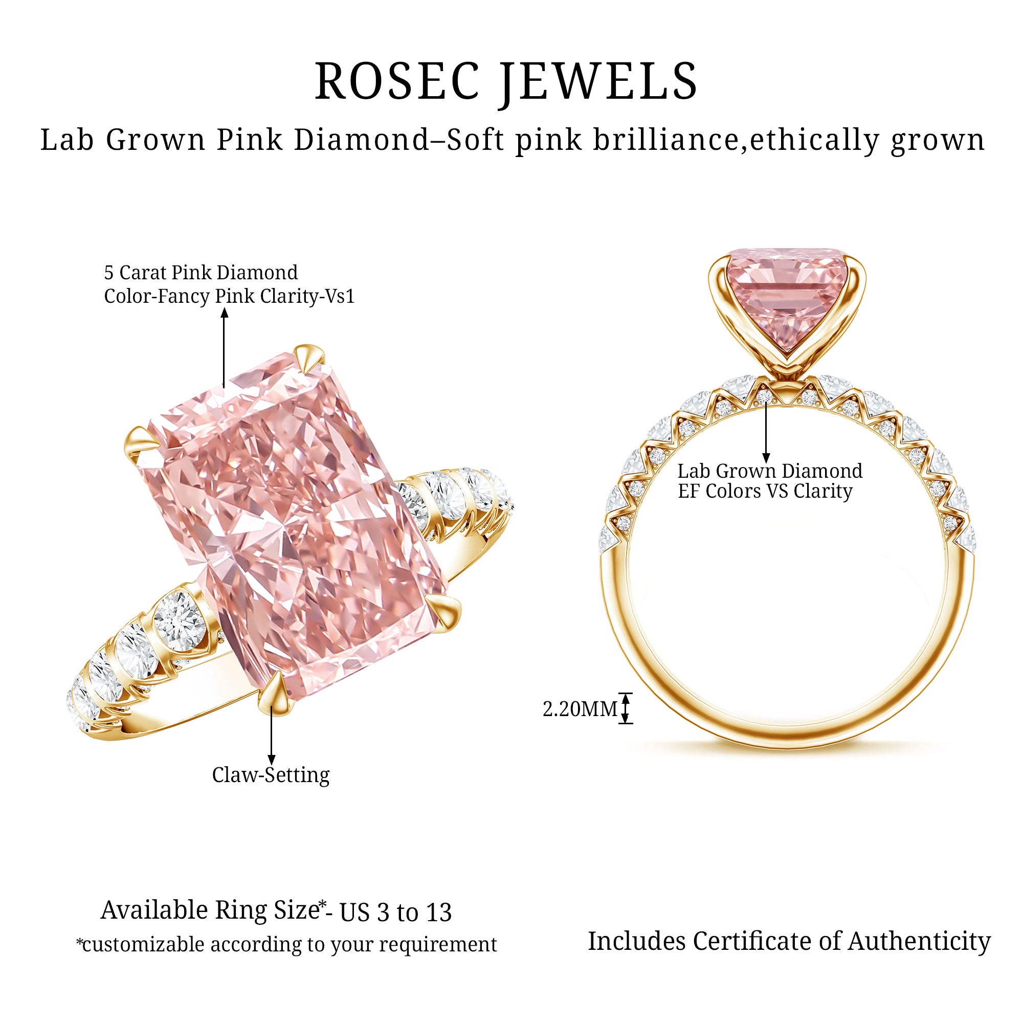 Rosec Jewels-5 Carat Radiant Lab Grown Pink Diamond Huge Statement Ring with IGI Certificate