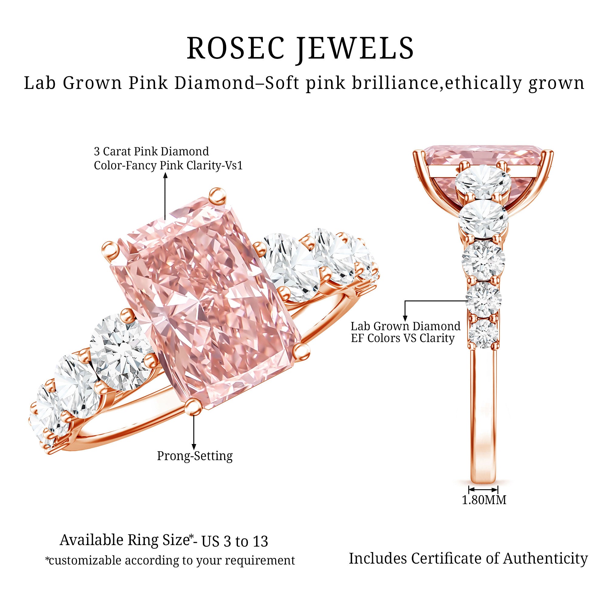 Rosec Jewels-IGI Certified 3 Ct Lab Grown Pink and White Diamond Side Stone Engagement Ring