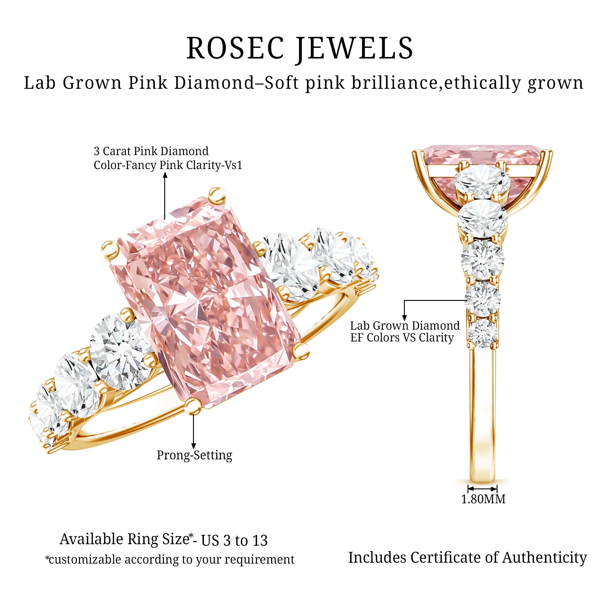 Rosec Jewels-IGI Certified 3 Ct Lab Grown Pink and White Diamond Side Stone Engagement Ring