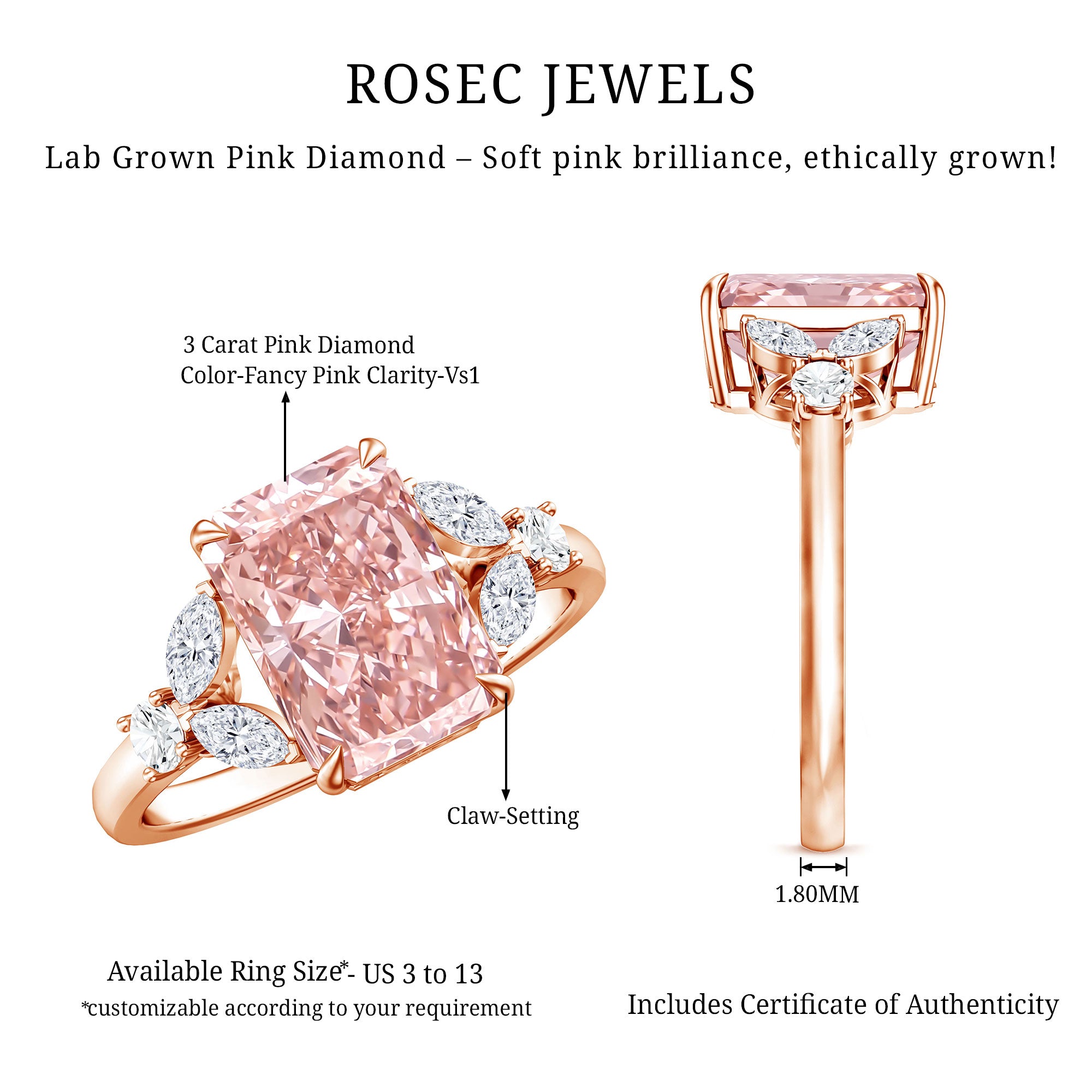 Rosec Jewels-3 Carat Radiant Cut Lab Pink Diamond Engagement Ring IGI Certified