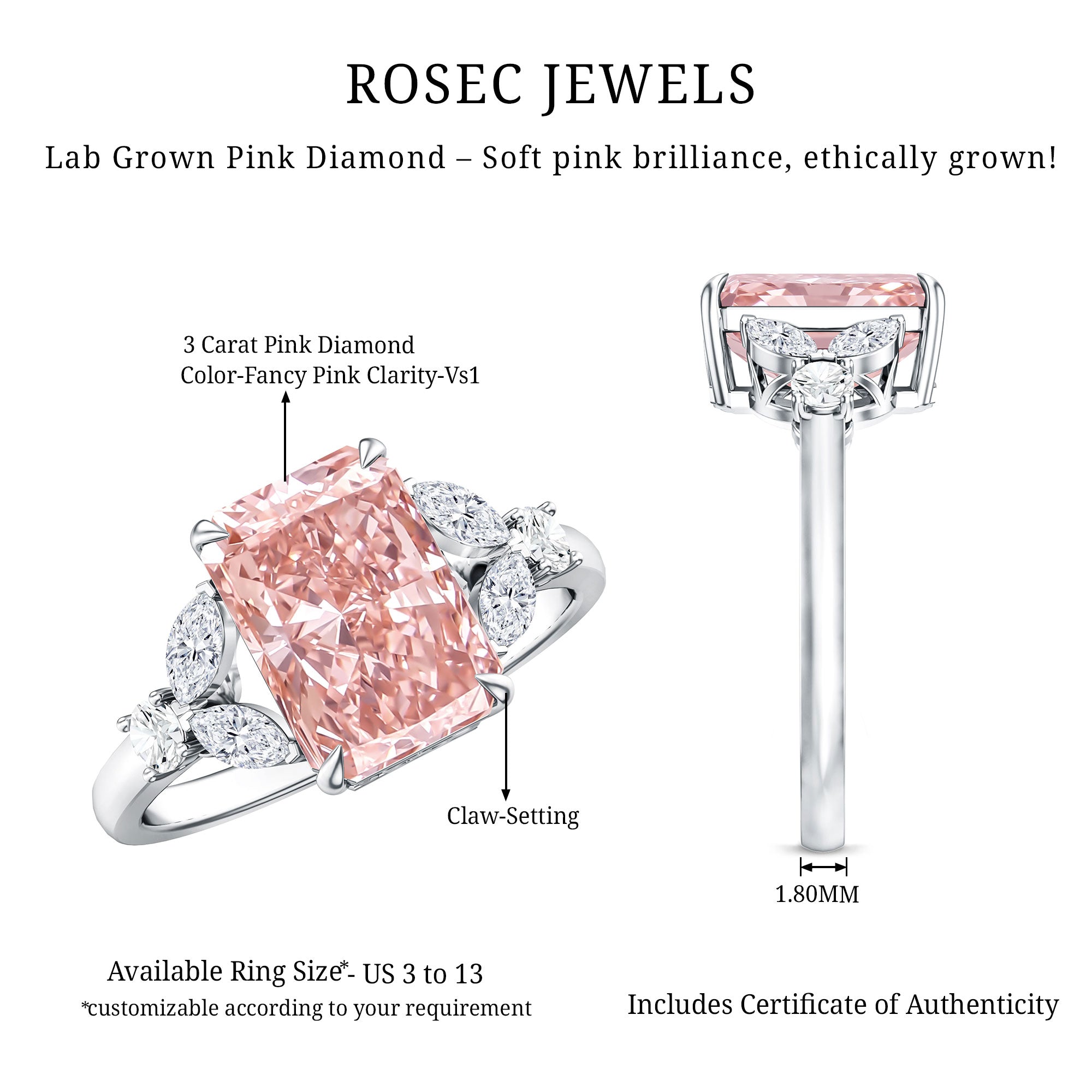 Rosec Jewels-3 Carat Radiant Cut Lab Pink Diamond Engagement Ring IGI Certified