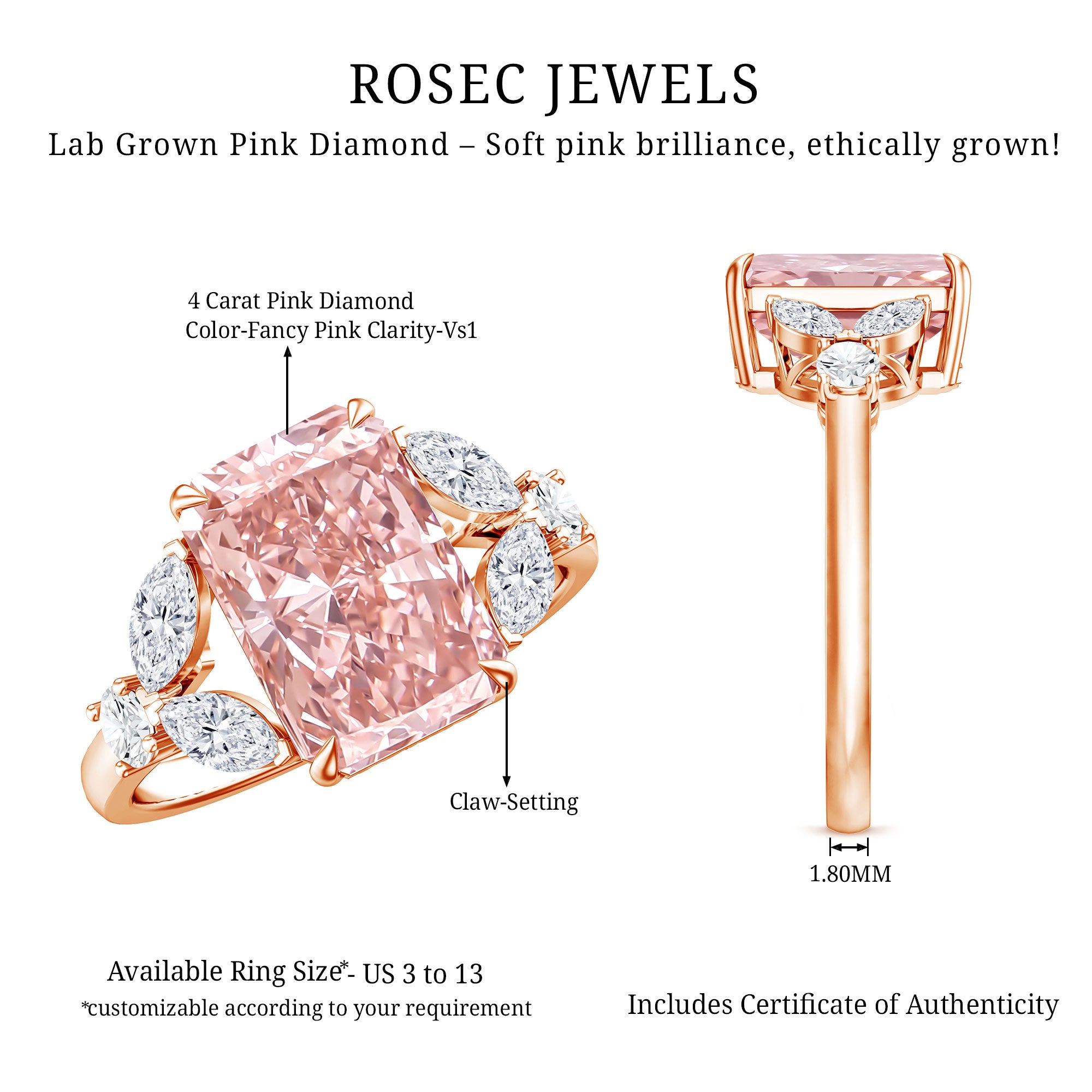 Rosec Jewels-Lab Grown 4 Carat Radiant Cut Pink Diamond Statement Engagement Ring IGI Certified