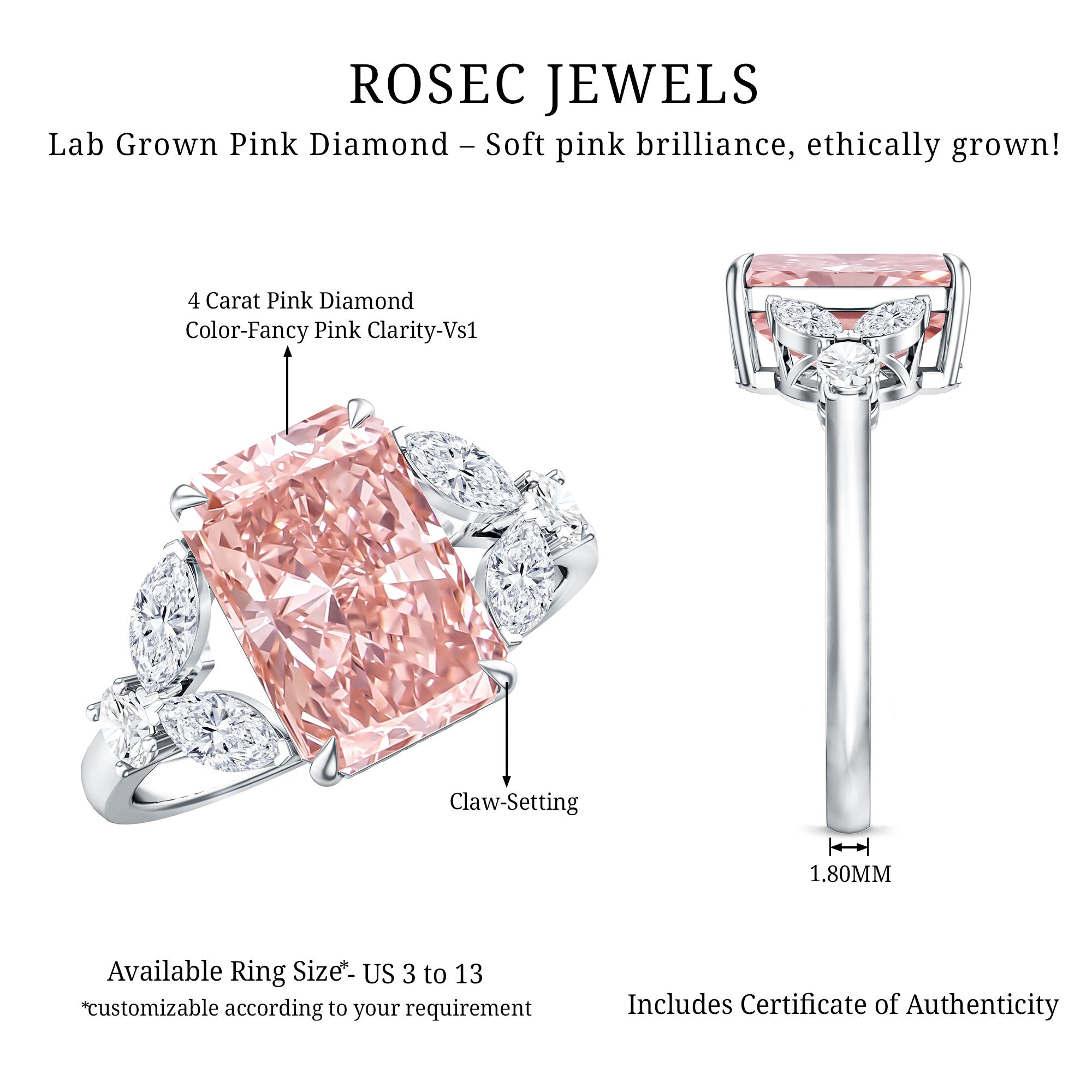Rosec Jewels-Lab Grown 4 Carat Radiant Cut Pink Diamond Statement Engagement Ring IGI Certified