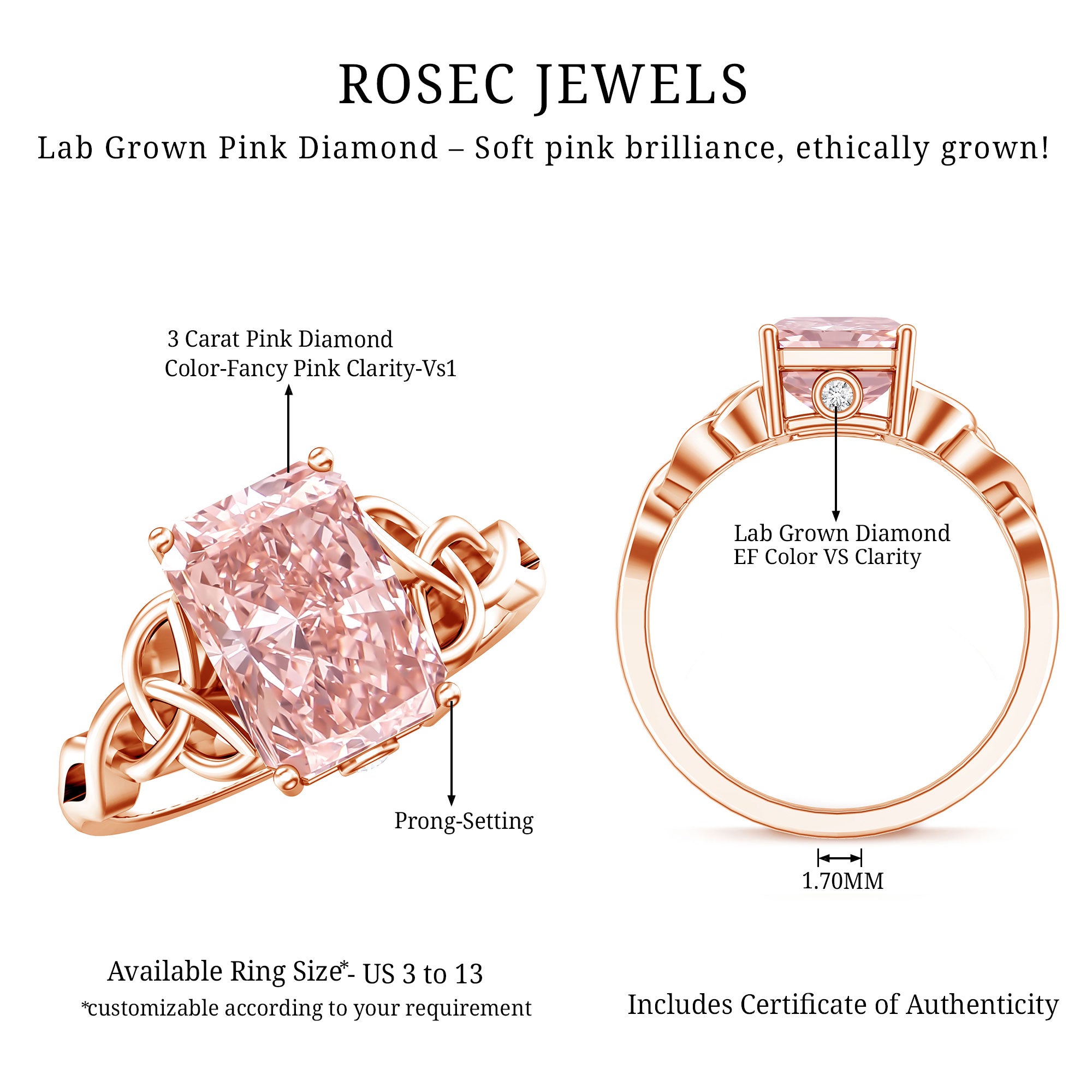 Rosec Jewels-3 Carat Radiant Cut Lab Pink Diamond Celtic Engagement Ring with IGI Certificate