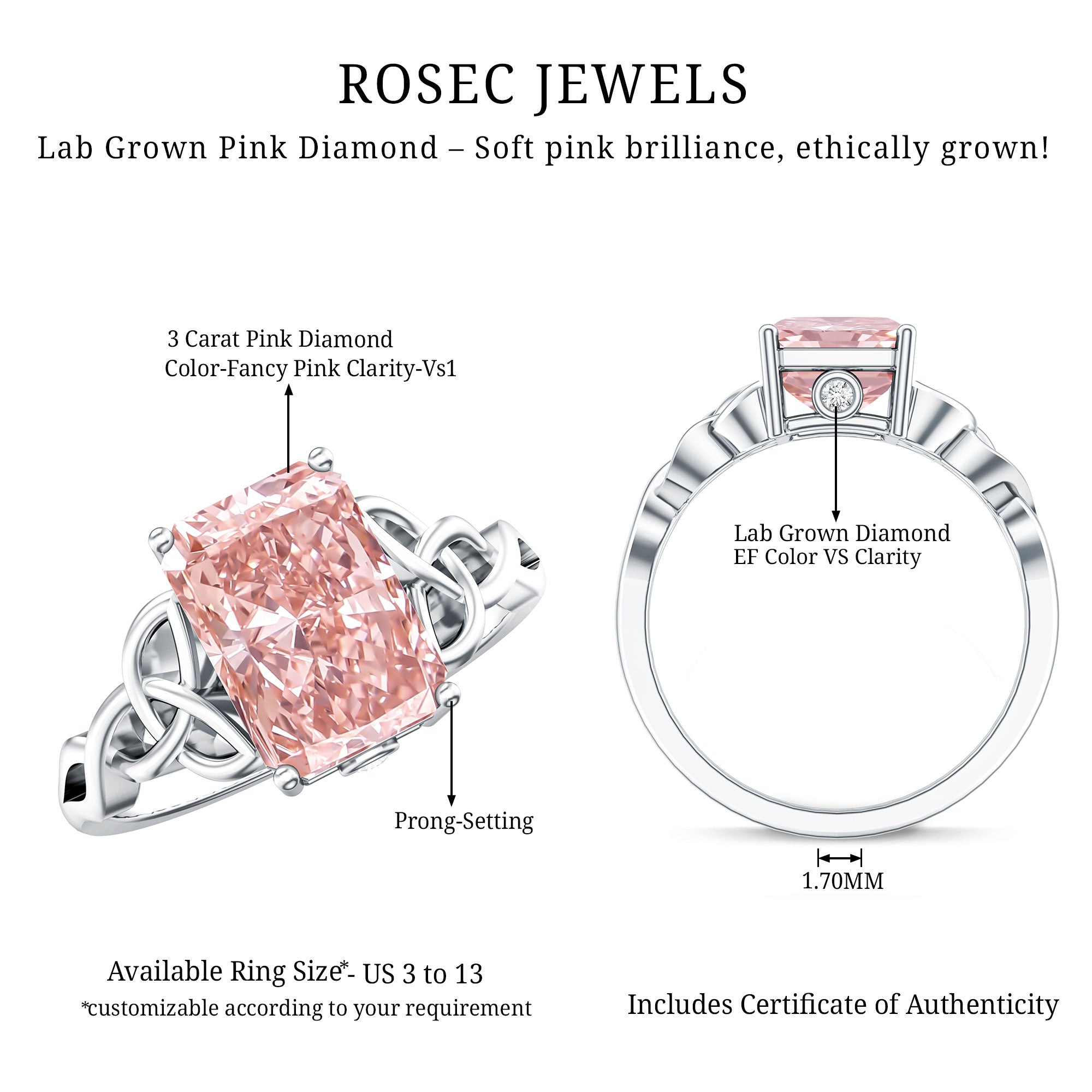 Rosec Jewels-3 Carat Radiant Cut Lab Pink Diamond Celtic Engagement Ring with IGI Certificate