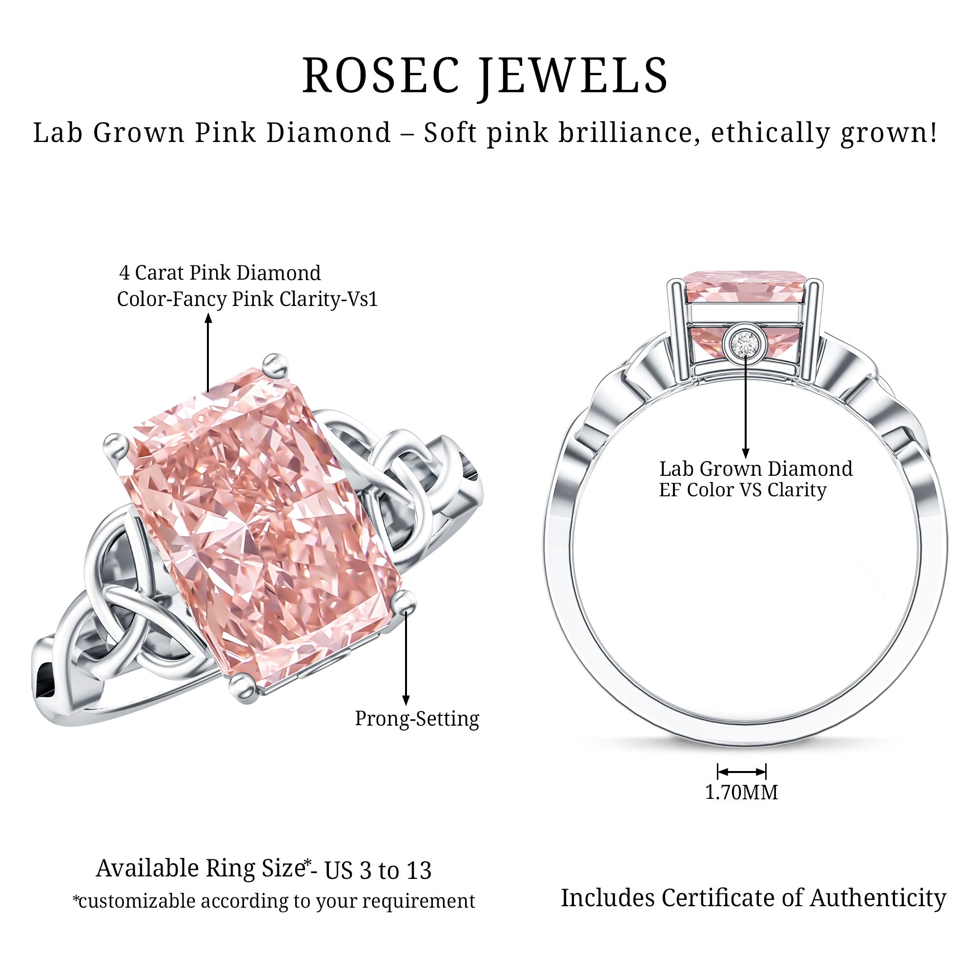 Rosec Jewels-IGI Certified 4 Carat Lab Grown Pink Diamond Radiant Engagement Ring with Celtic Knot