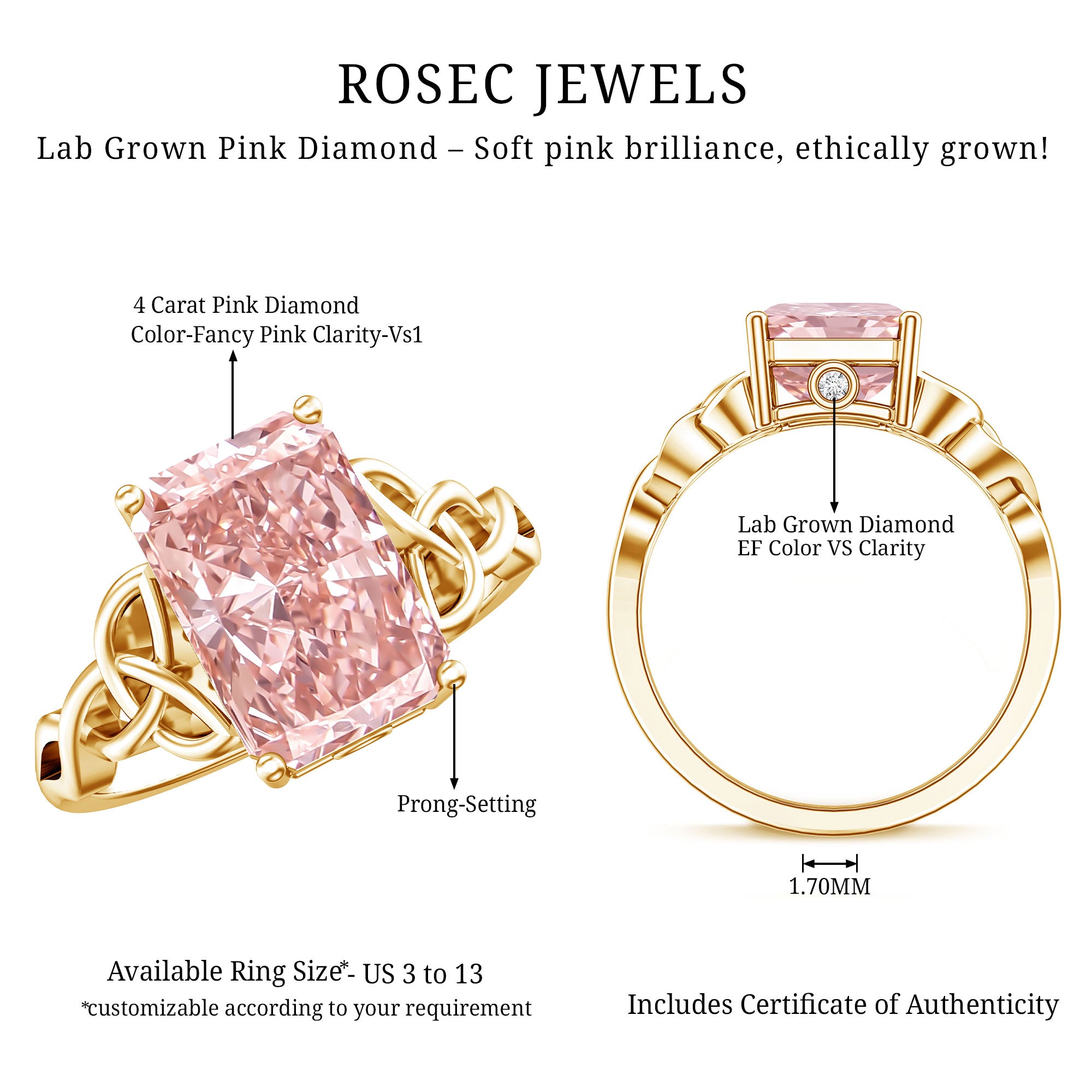 Rosec Jewels-IGI Certified 4 Carat Lab Grown Pink Diamond Radiant Engagement Ring with Celtic Knot