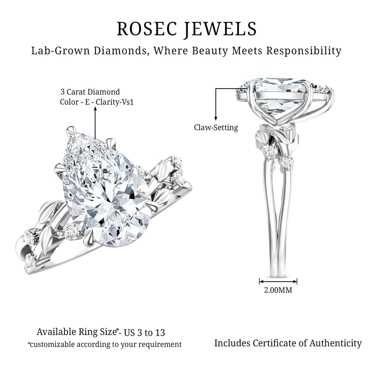Nature Inspired 3 Carat Lab Grown Diamond Vine Engagement Ring with IGI Certificate Lab - ( E-VS1 ) - Rosec Jewels