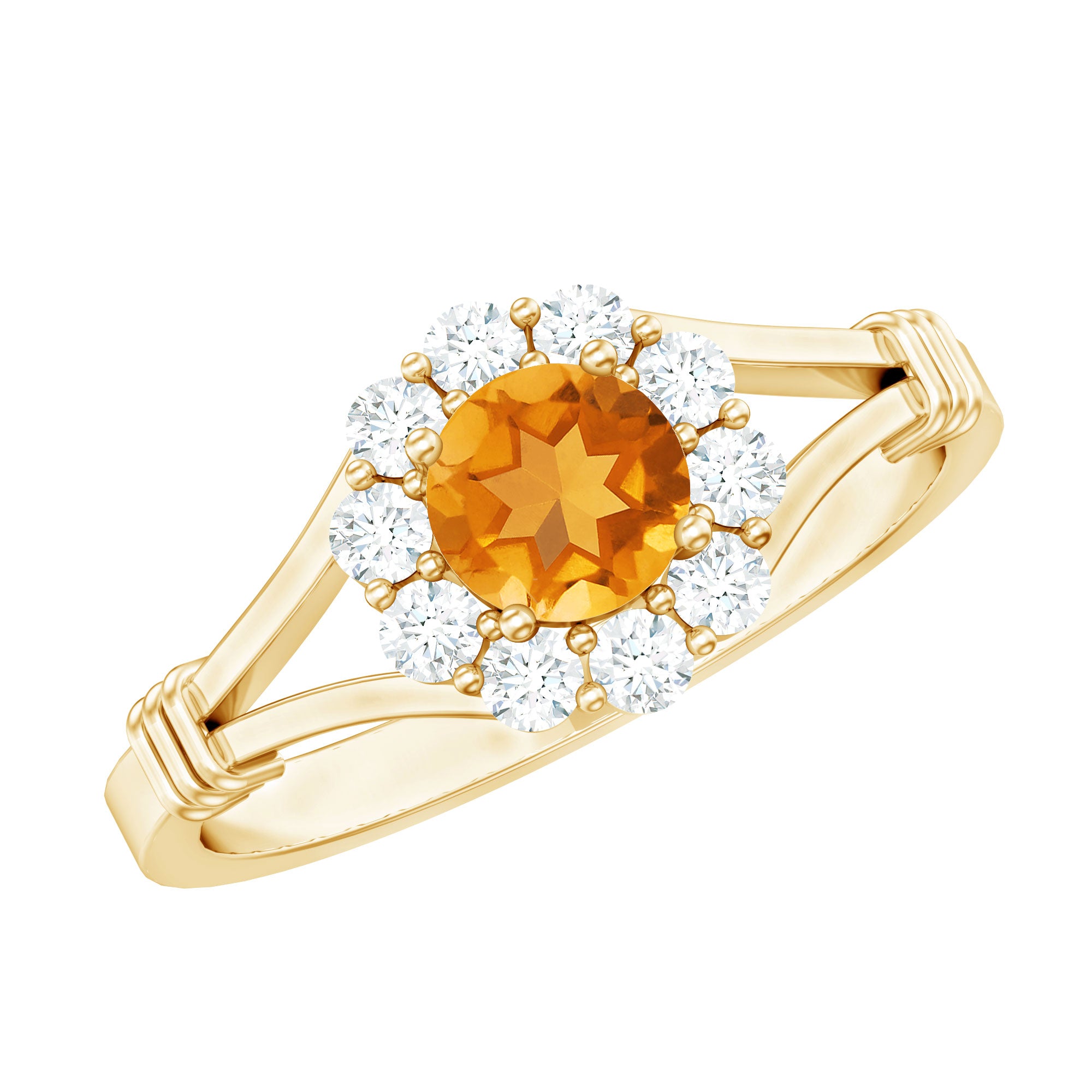 Genuine Citrine Diamond Flower Engagement Ring with Split Shank AAA - Rosec Jewels