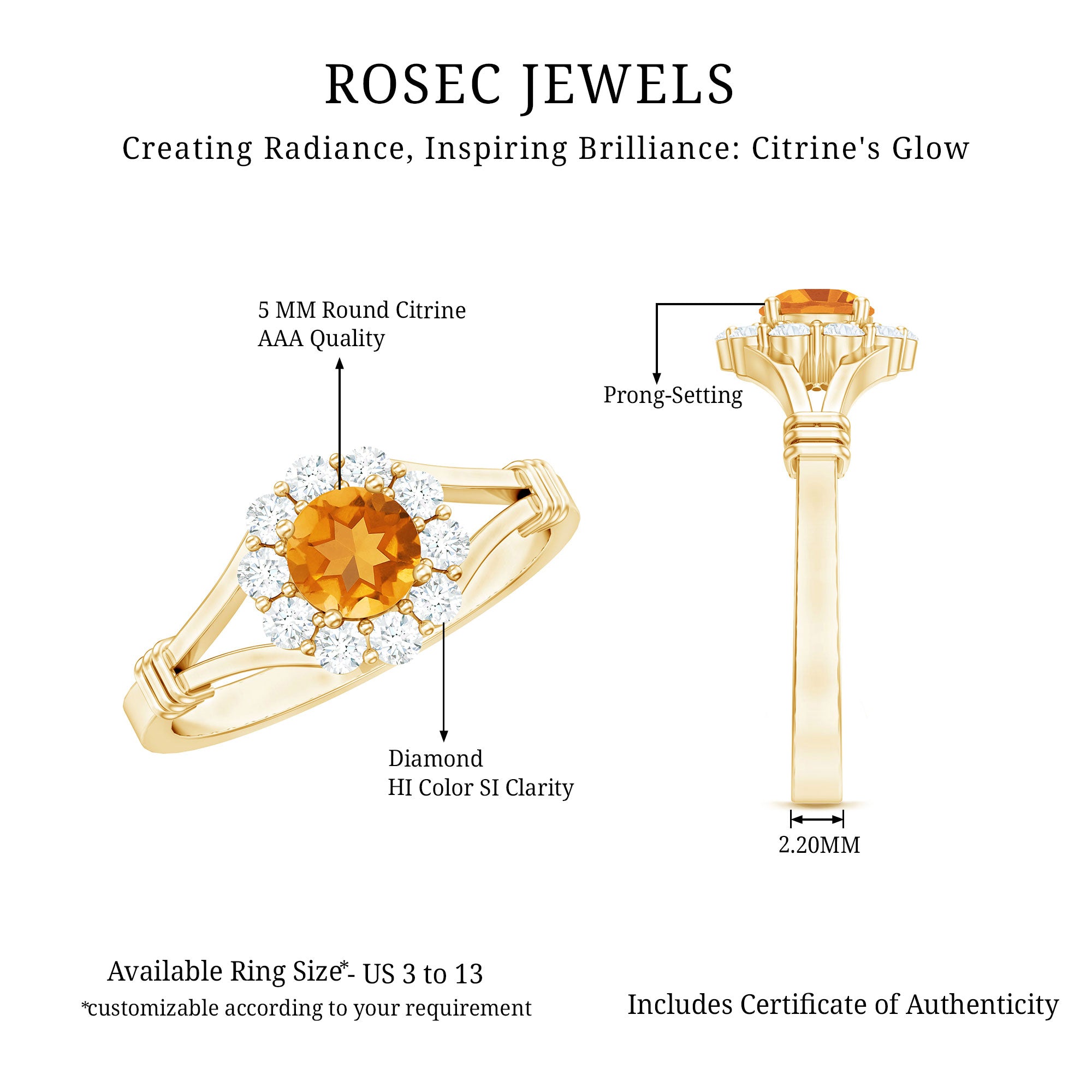Genuine Citrine Diamond Flower Engagement Ring with Split Shank AAA - Rosec Jewels