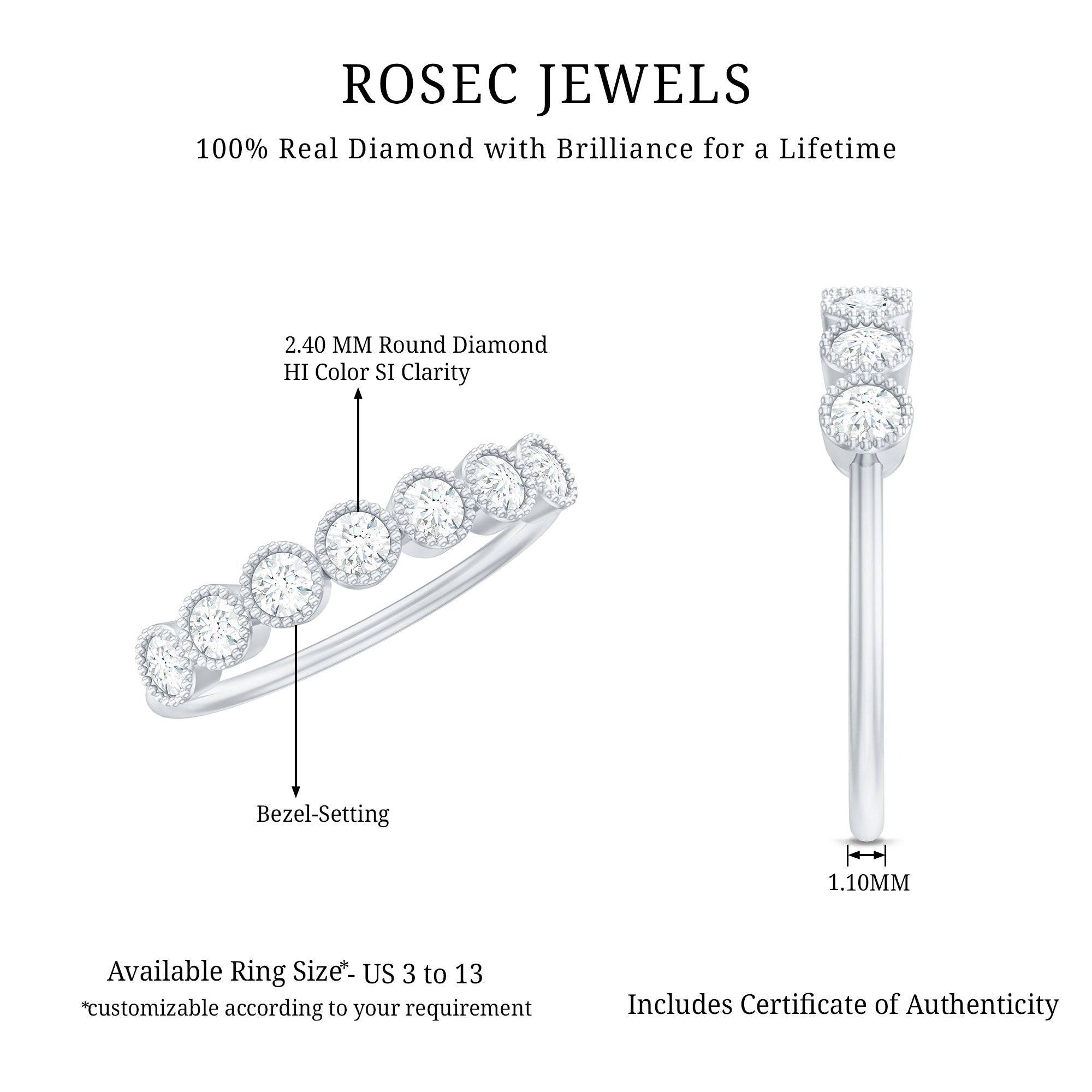 Certified Diamond Anniversary Band in Bezel Setting Natural - ( HI-SI ) - Rosec Jewels
