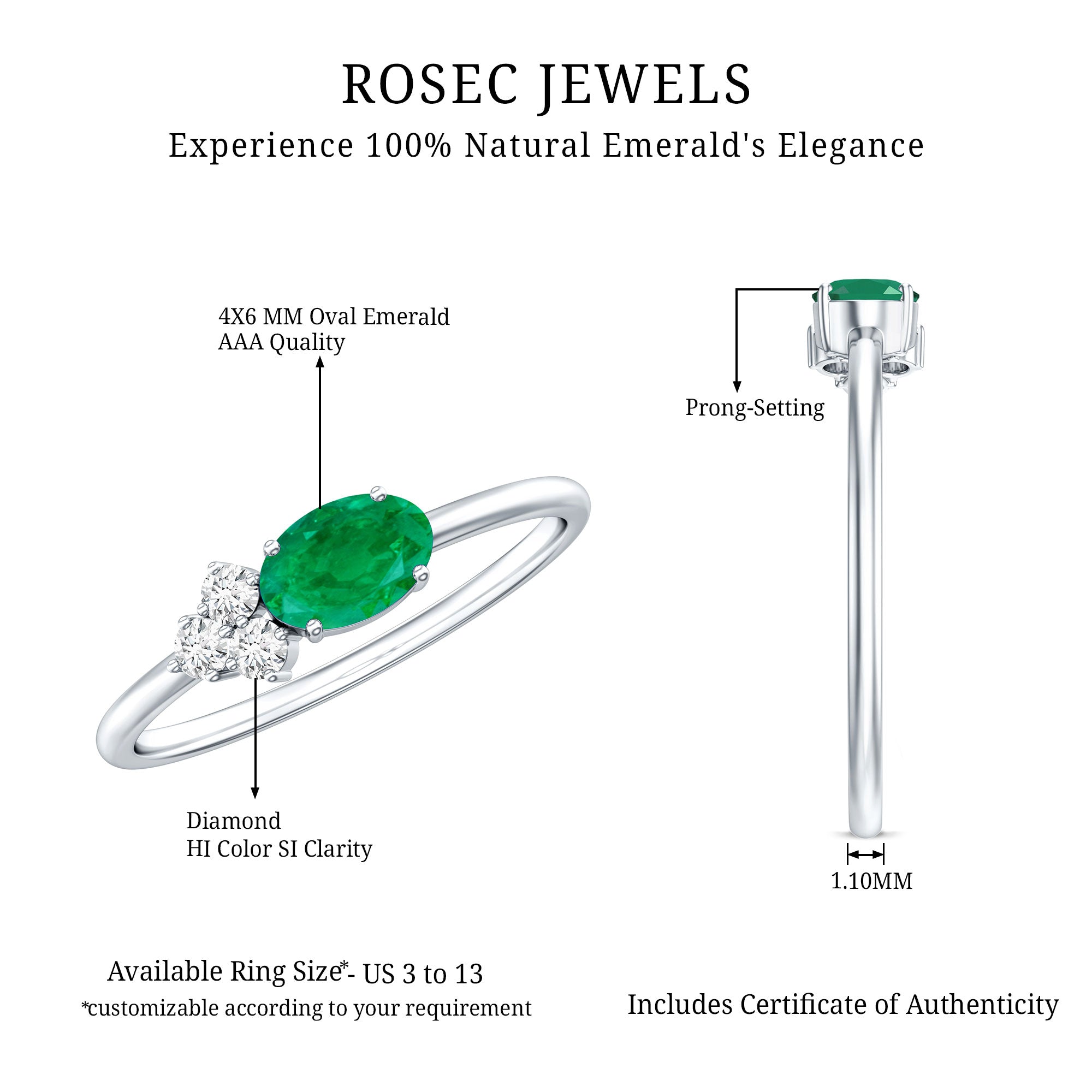 AAA Quality Oval Cut Emerald East West Promise Ring with Diamond Trio AAA - Rosec Jewels