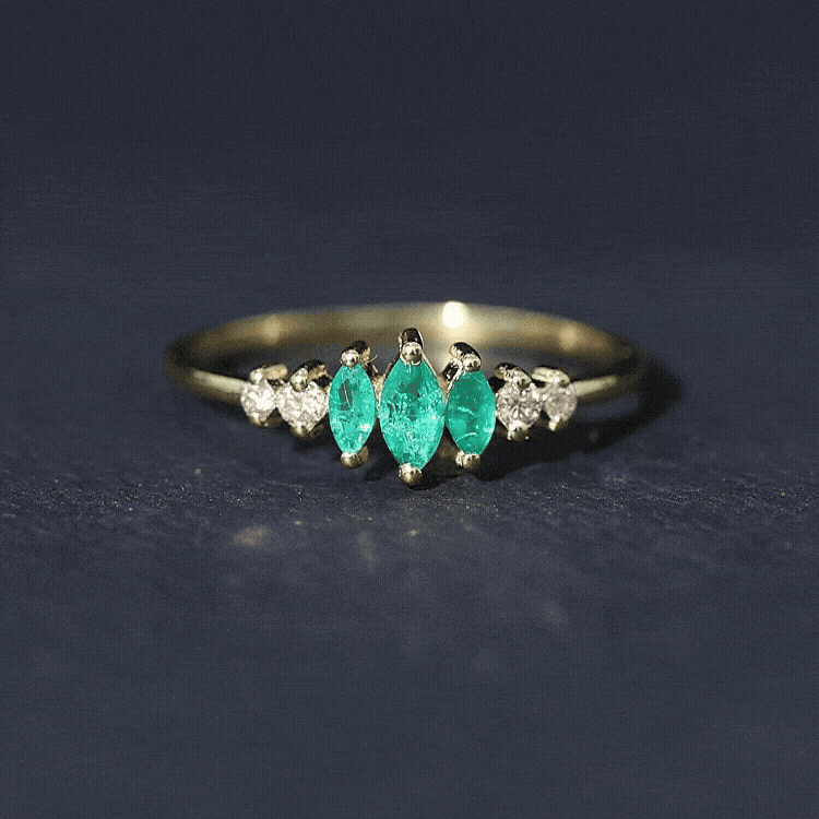 Rosec Jewels-Marquise Emerald and Diamond 3 Stone Anniversary Ring for Women
