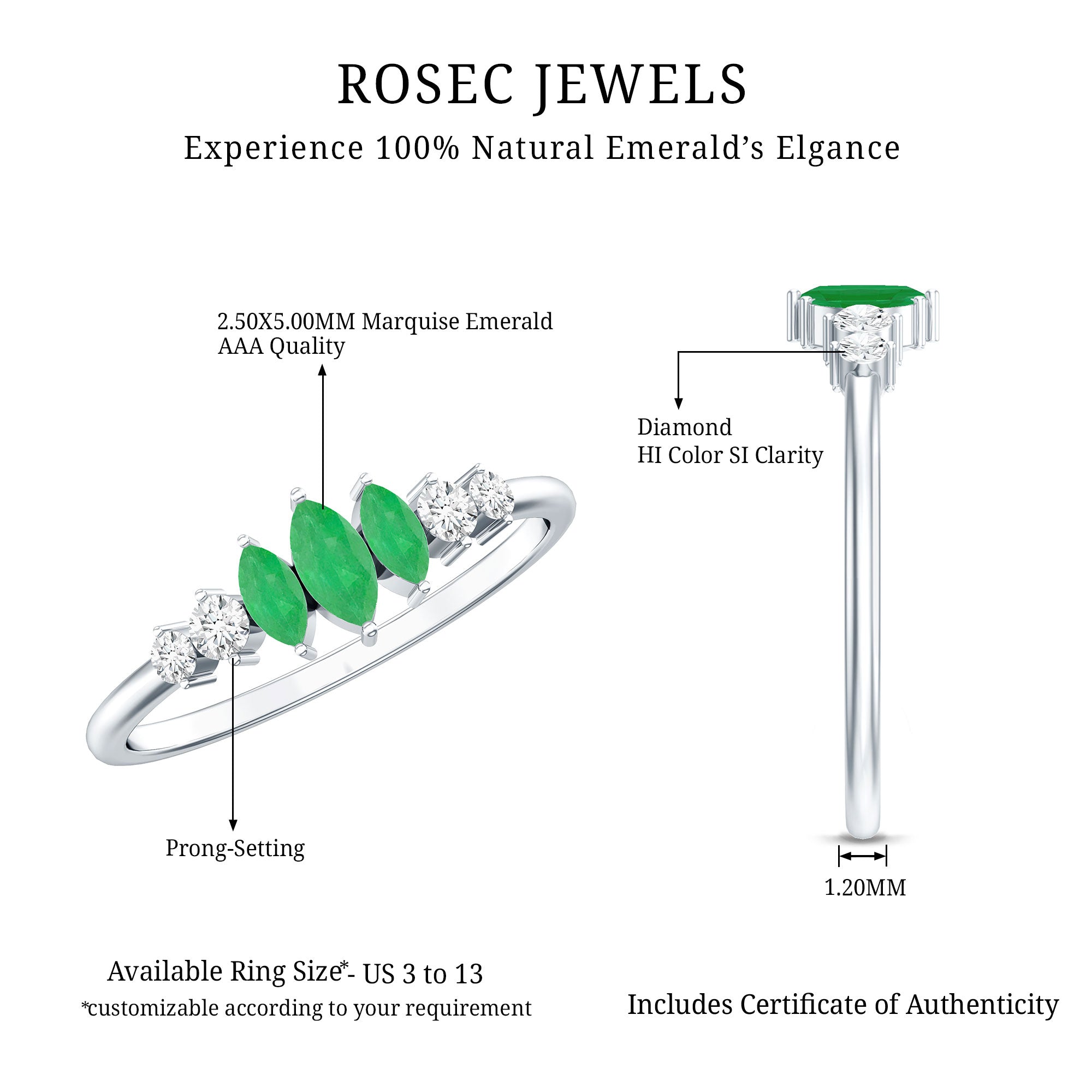 Rosec Jewels-Marquise Emerald and Diamond 3 Stone Anniversary Ring for Women