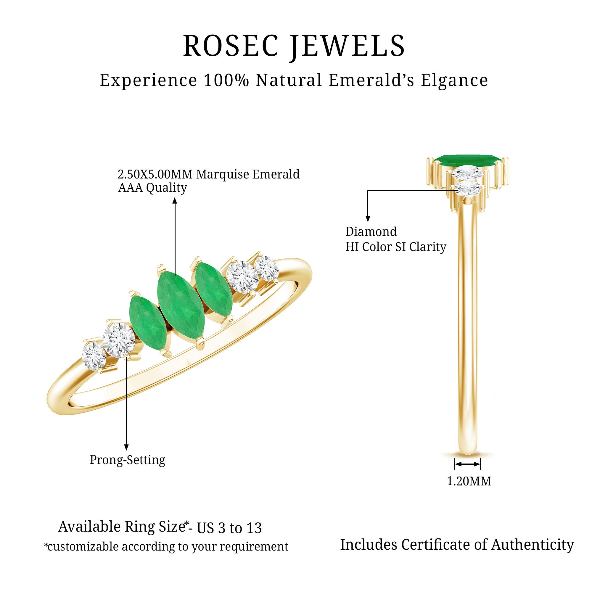 Rosec Jewels-Marquise Emerald and Diamond 3 Stone Anniversary Ring for Women