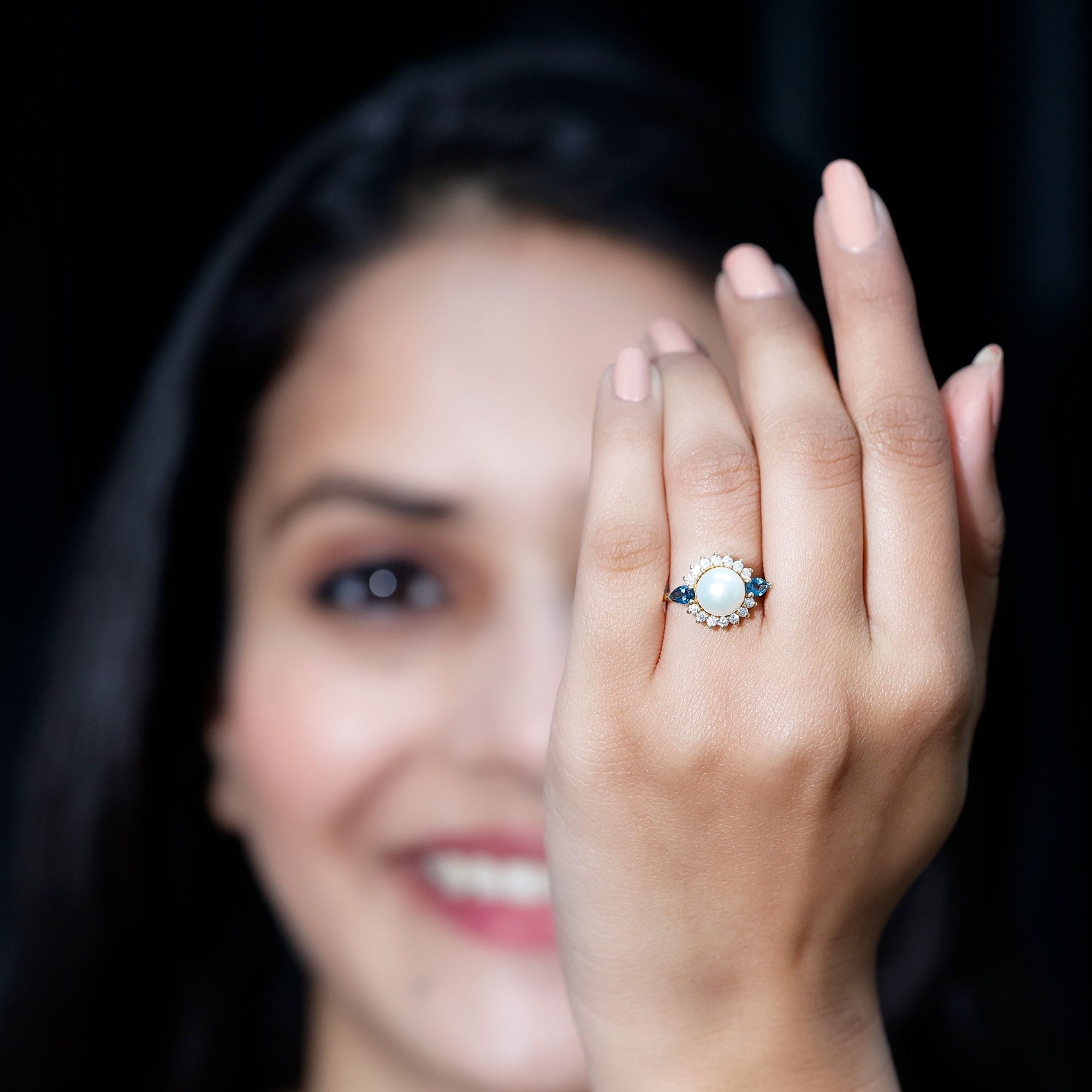 8MM Freshwater Cultured Pearl Designer Engagement Ring with Blue Topaz AAA - Rosec Jewels