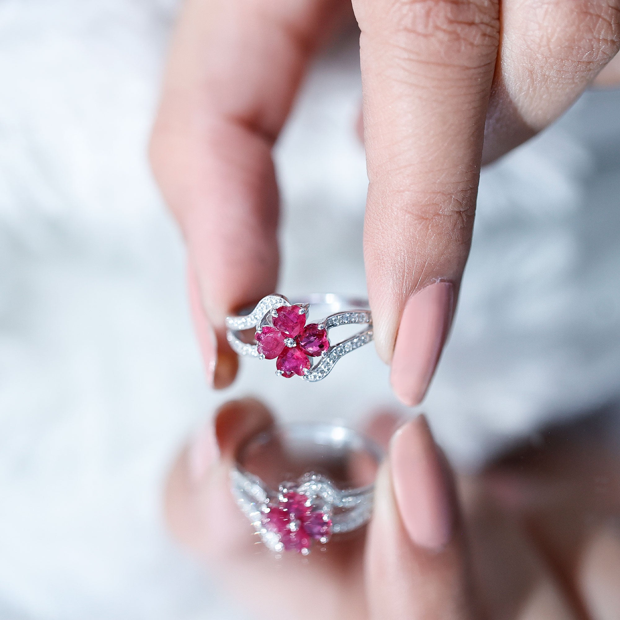 Real 1.8 Carat Ruby Flower Engagement Ring with Diamond Split Shank AAA - Rosec Jewels