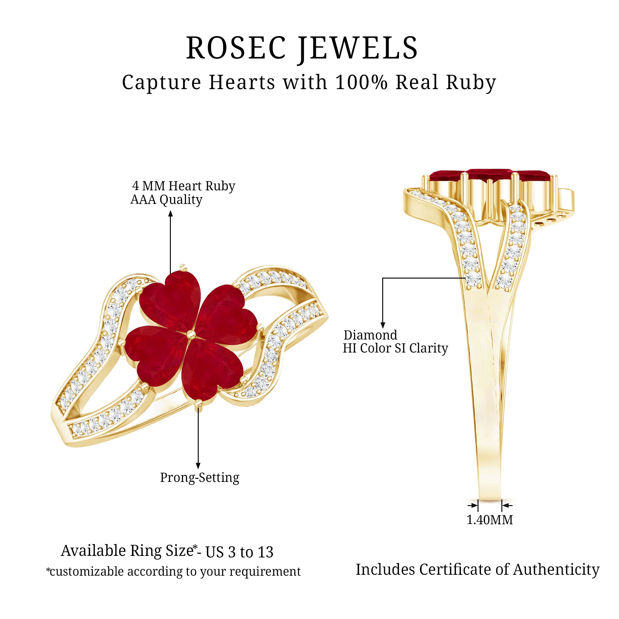 Real 1.8 Carat Ruby Flower Engagement Ring with Diamond Split Shank AAA - Rosec Jewels