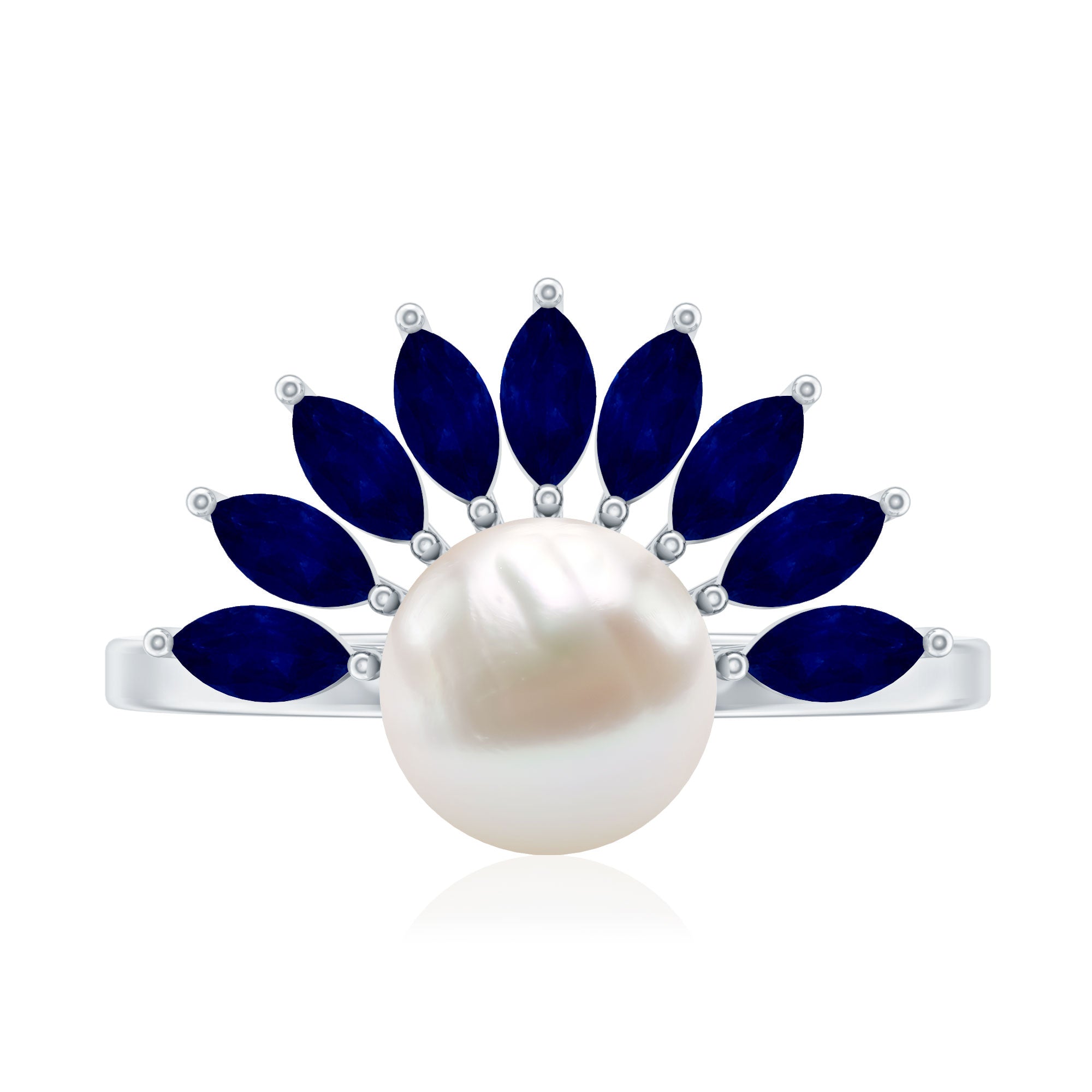 Cultured 3 Carat Freshwater Pearl Engagement Ring with Blue Sapphire AAA - Rosec Jewels