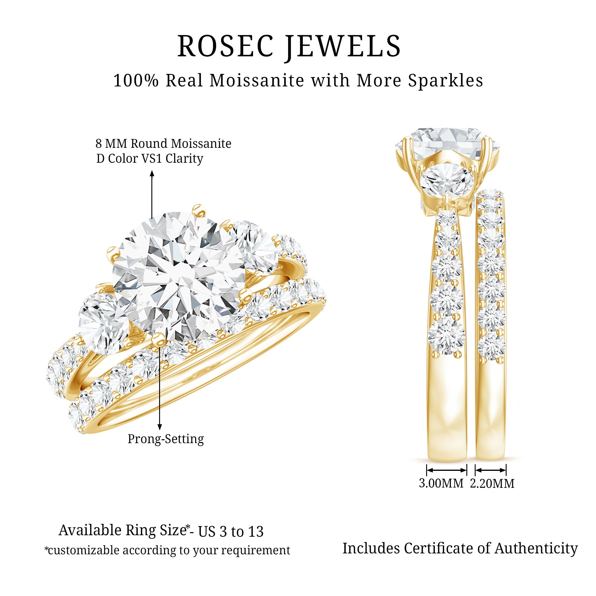 Rosec Jewels-Certified 2 Carat Round Moissanite Bridal Ring Set For Wedding