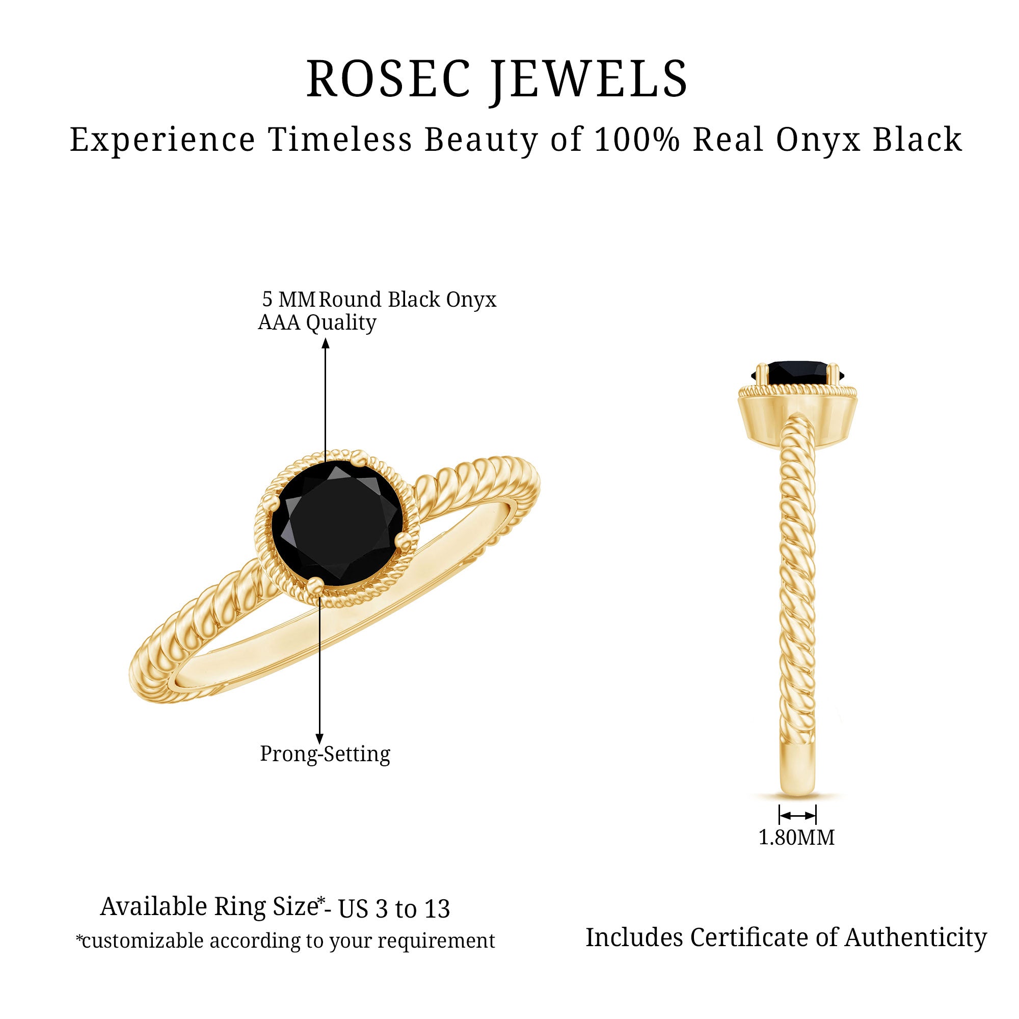 Rosec Jewels-Solitaire 6MM Black Onyx Engagement Ring with Twisted Rope Design