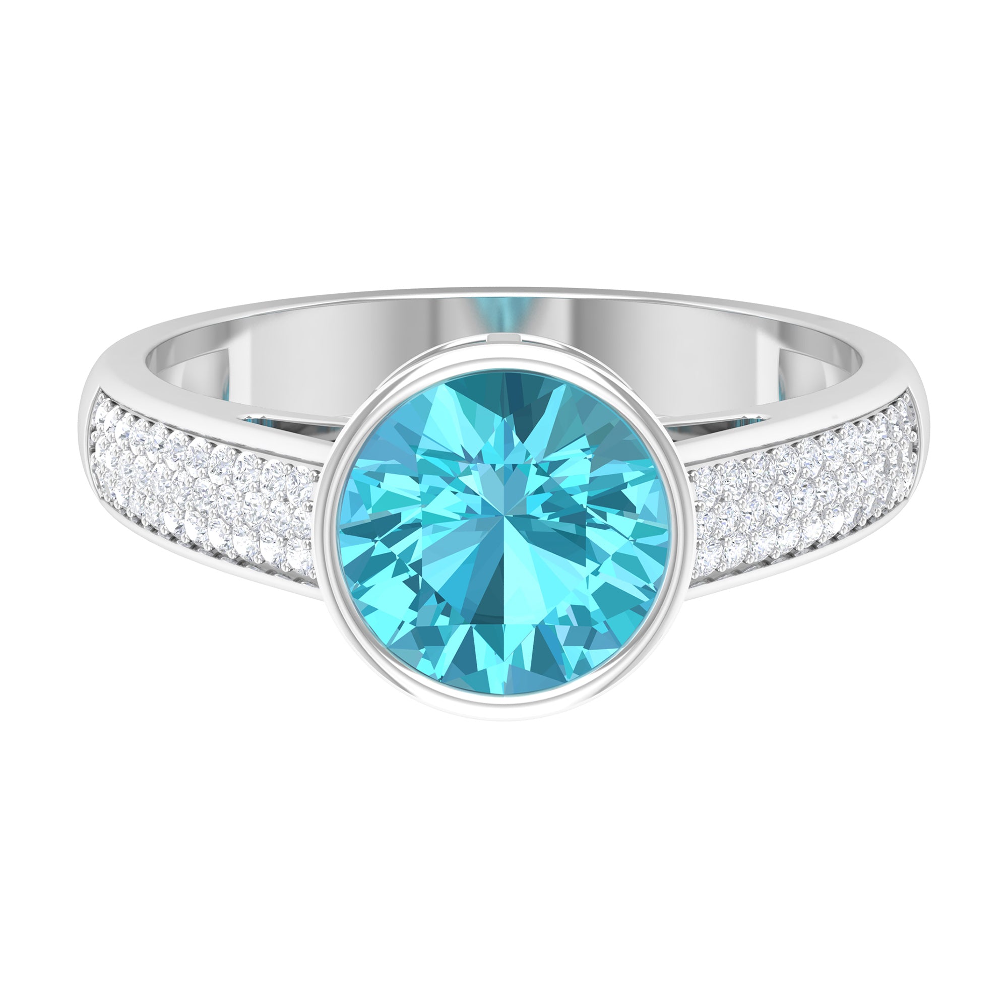 2.50 CT Bezel Set Swiss Blue Topaz Engagement Ring with Diamond Side Stones