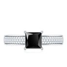 Princess Cut Black Spinel Engagement Ring with Diamond Side Stones AAA - Rosec Jewels