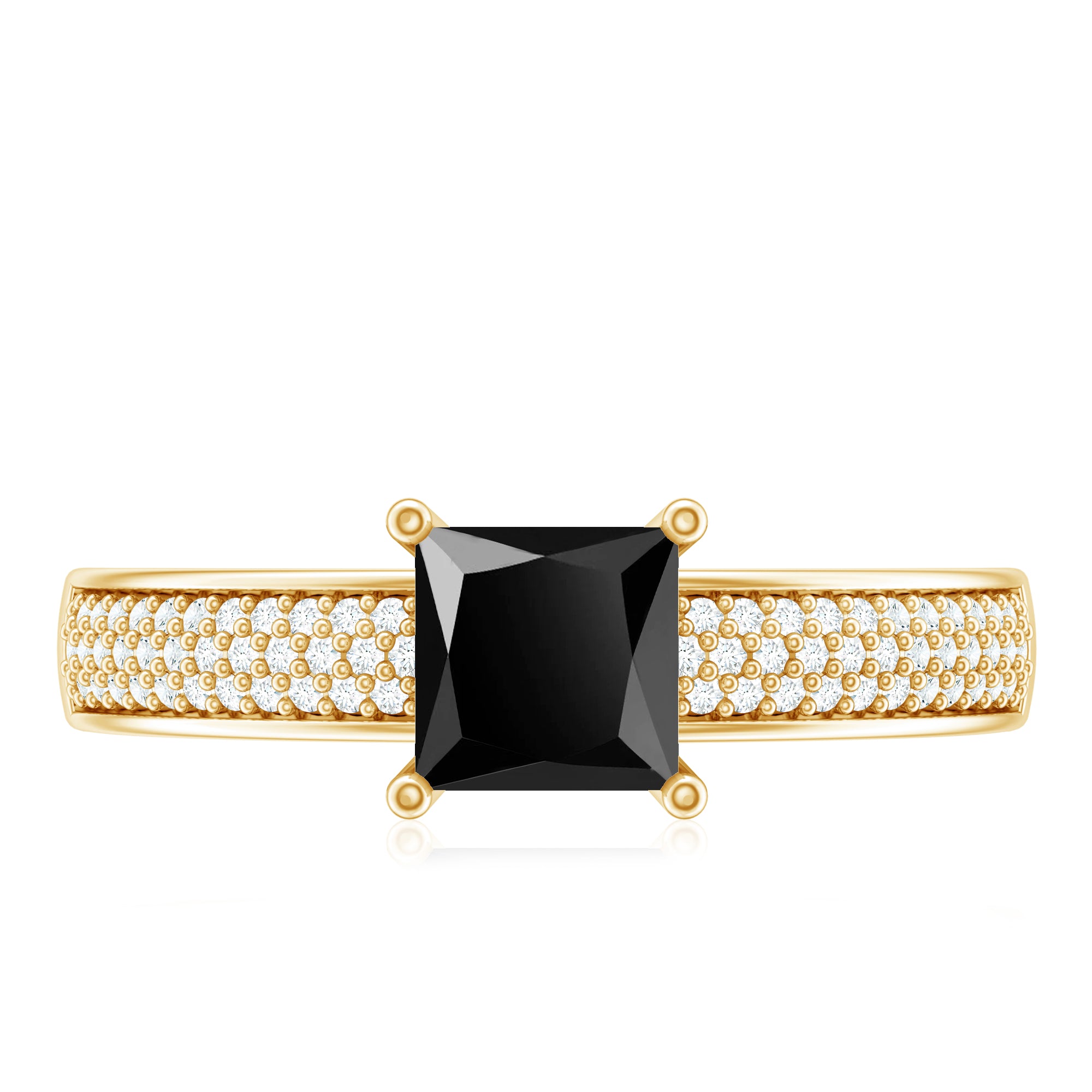 Princess Cut Black Spinel Engagement Ring with Diamond Side Stones AAA - Rosec Jewels