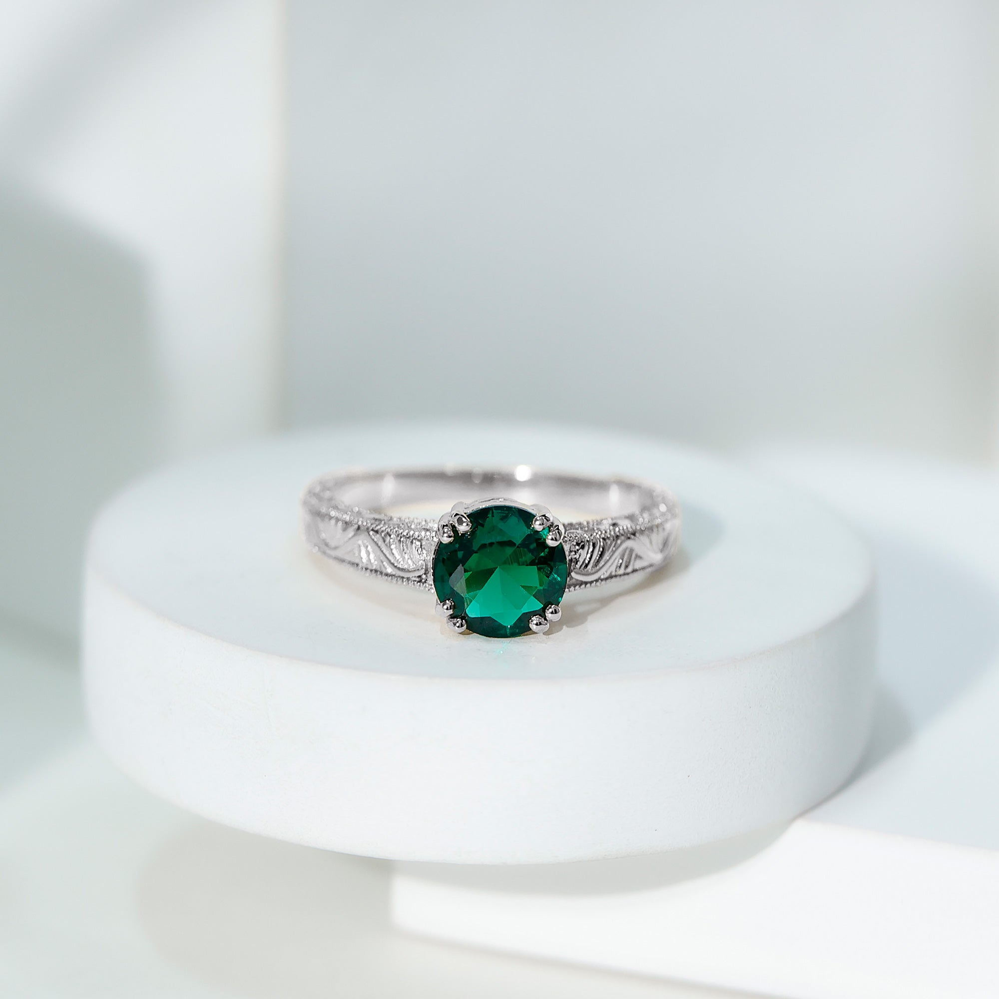 Rosec Jewels-Lab Emerald Solitaire Vintage Engagement Ring
