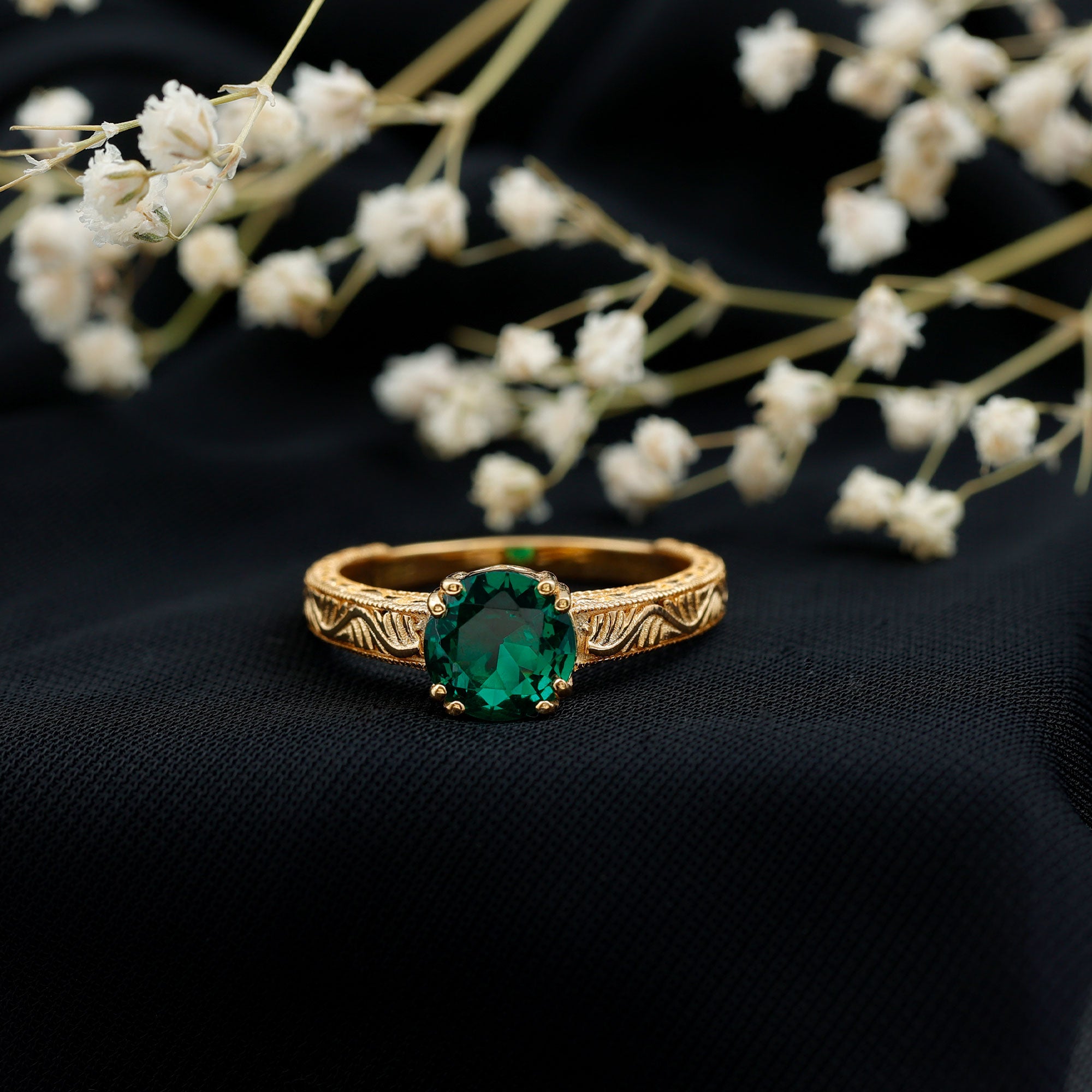 Rosec Jewels-Lab Emerald Solitaire Vintage Engagement Ring