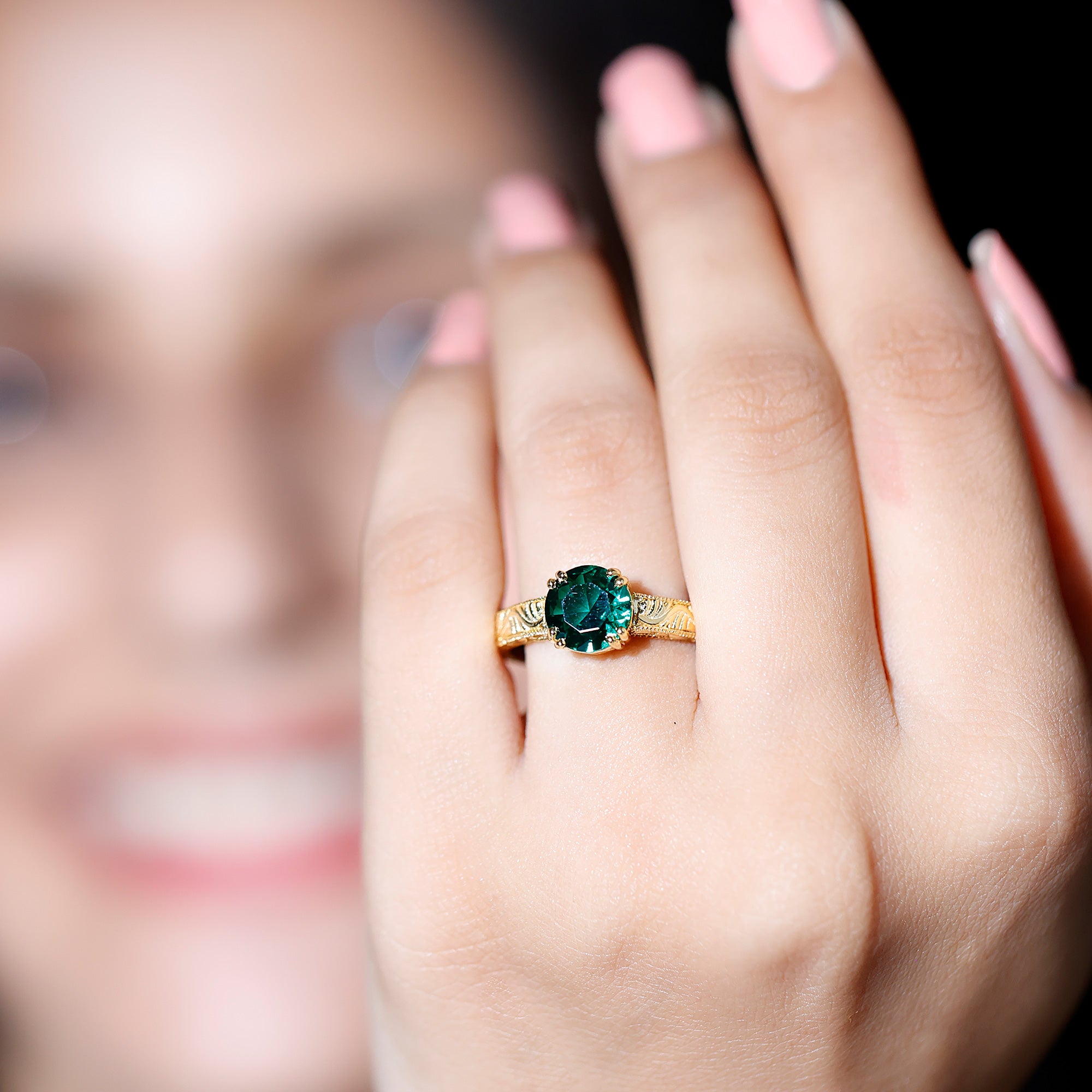 Rosec Jewels-Lab Emerald Solitaire Vintage Engagement Ring
