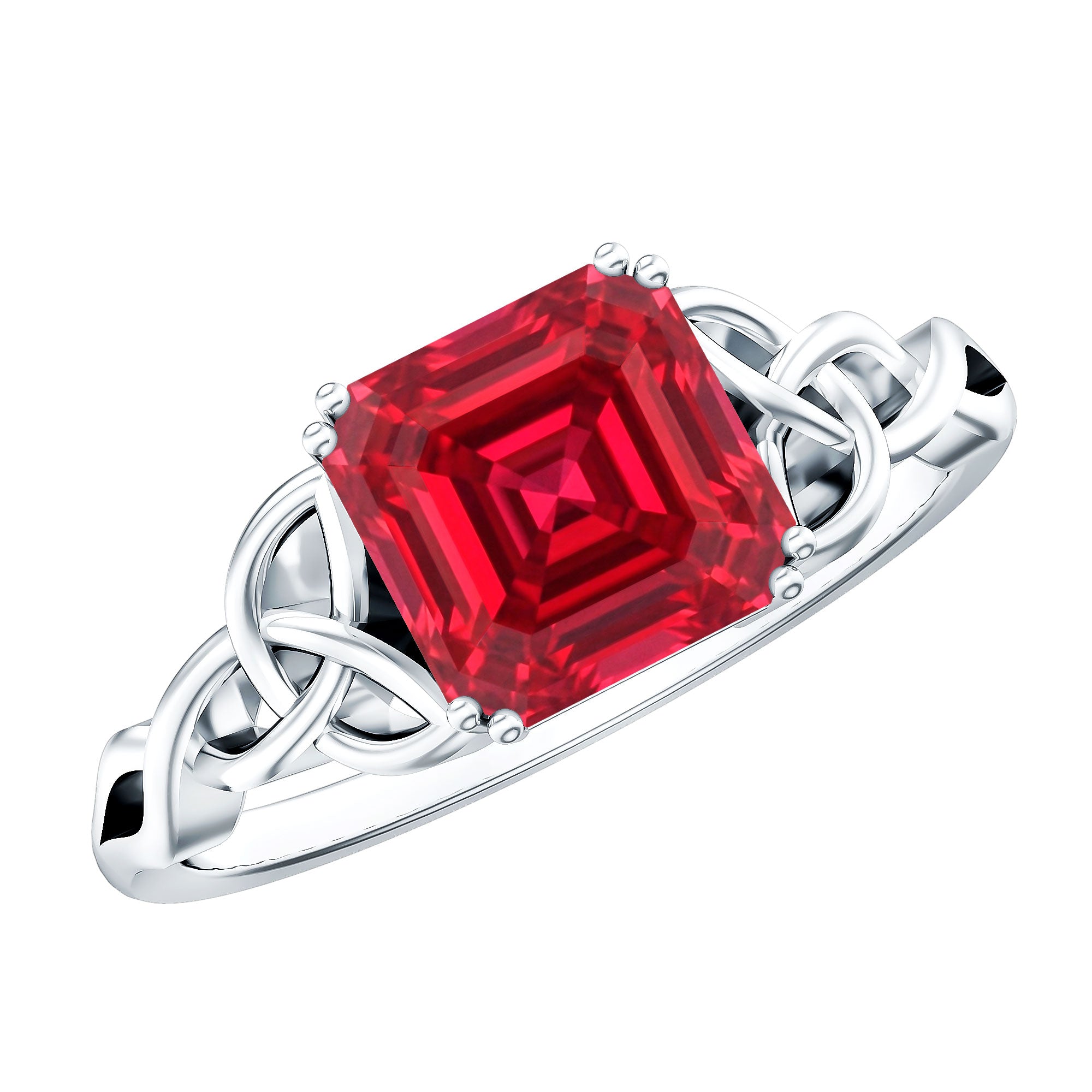 Certified 4.8 Carat Lab Grown Ruby Asscher Cut Engagement Ring with Celtic Knot AAAA - Rosec Jewels