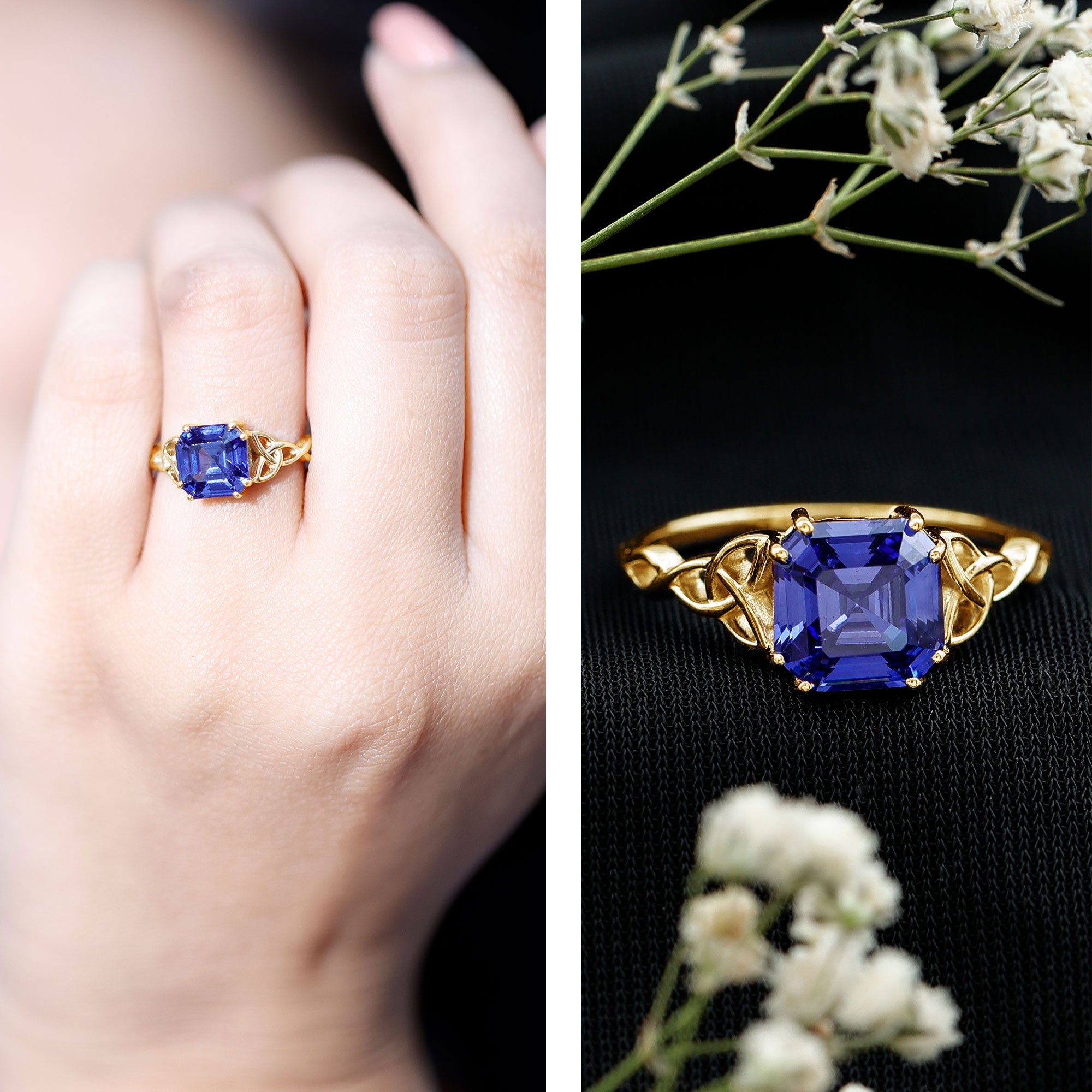 Certified 4 Carat Asscher Cut Lab Created Blue Sapphire Celtic Knot Engagement Ring AAAA - Rosec Jewels