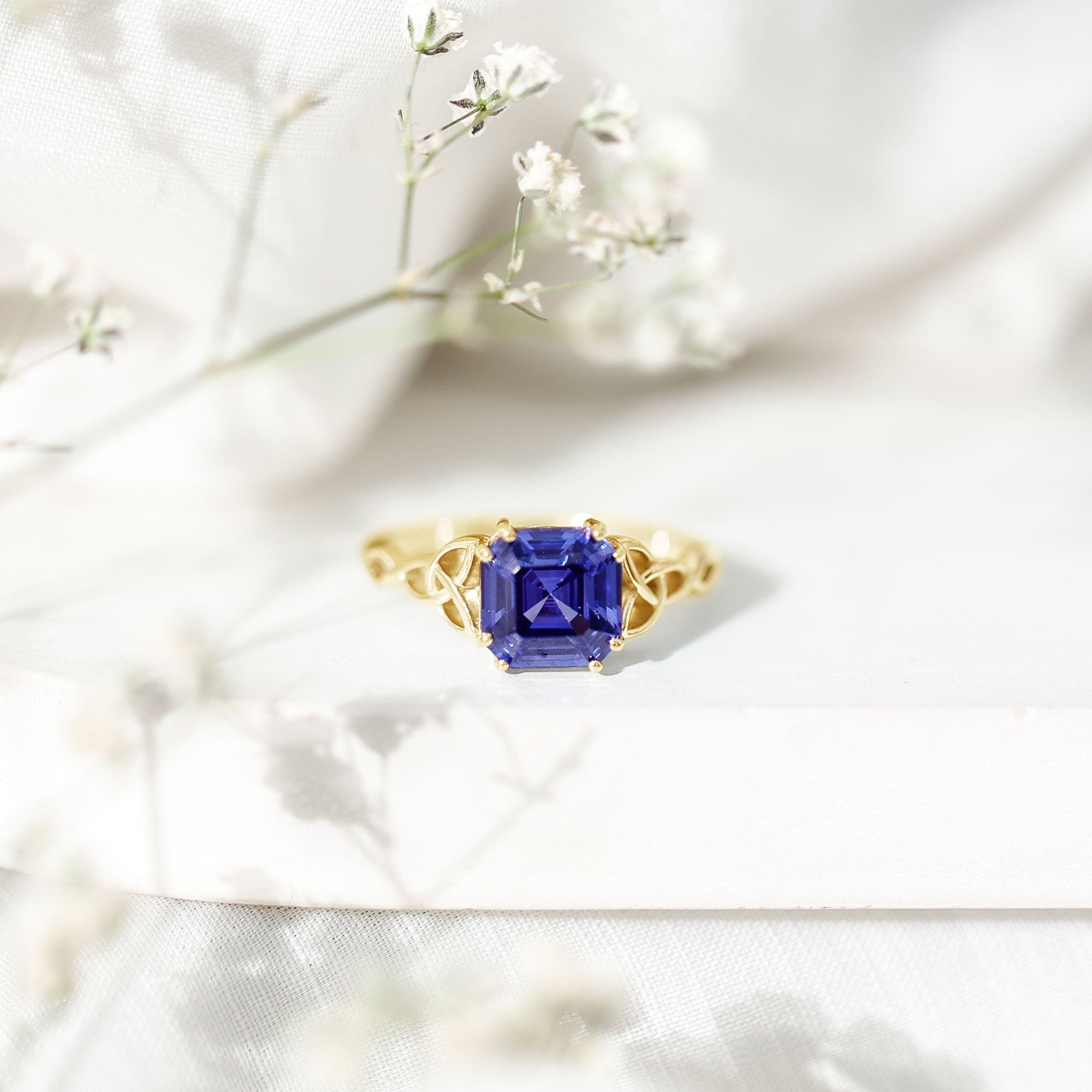 Certified 4 Carat Asscher Cut Lab Created Blue Sapphire Celtic Knot Engagement Ring AAAA - Rosec Jewels