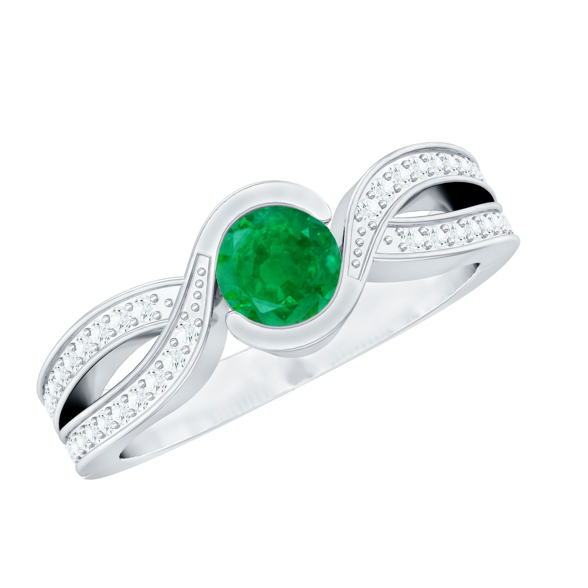 Round Cut Genuine Emerald and Diamond Designer Engagement Ring