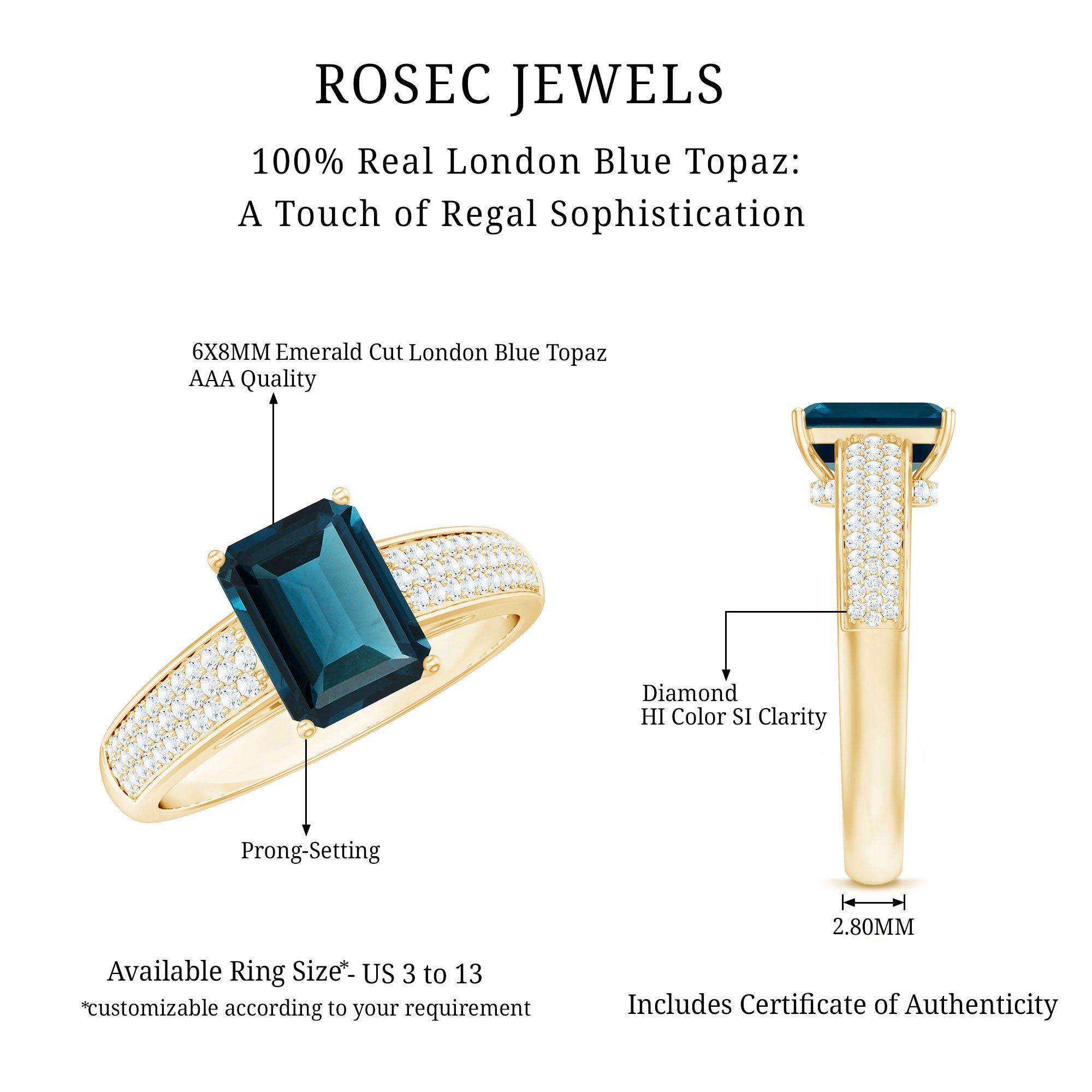 6X8mm Emerald Cut London Blue Topaz Side Stone Engagement Ring with Diamond AAA - Rosec Jewels