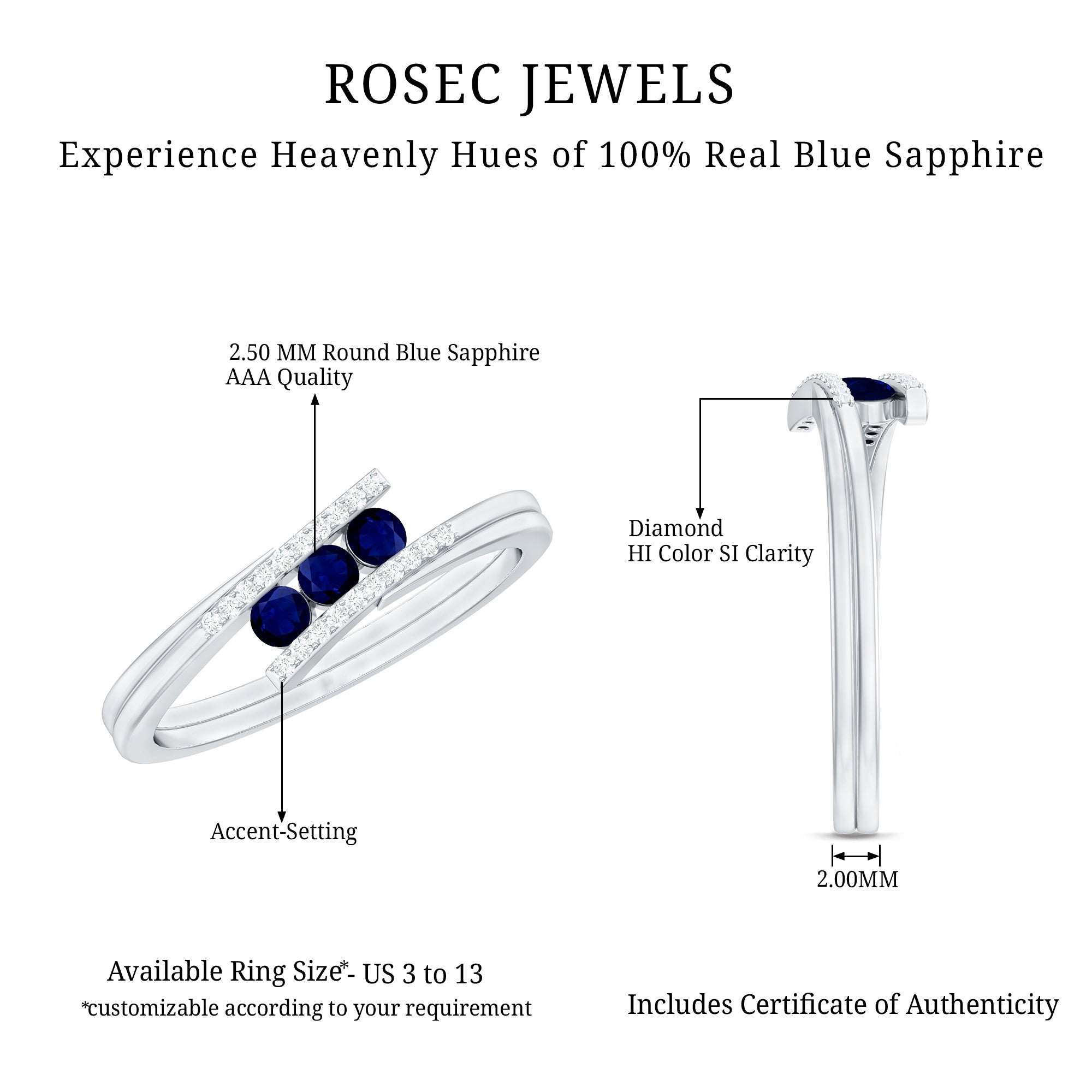 Natural Blue Sapphire 3 Stone Promise Ring with Diamond Bypass Shank AAA - Rosec Jewels