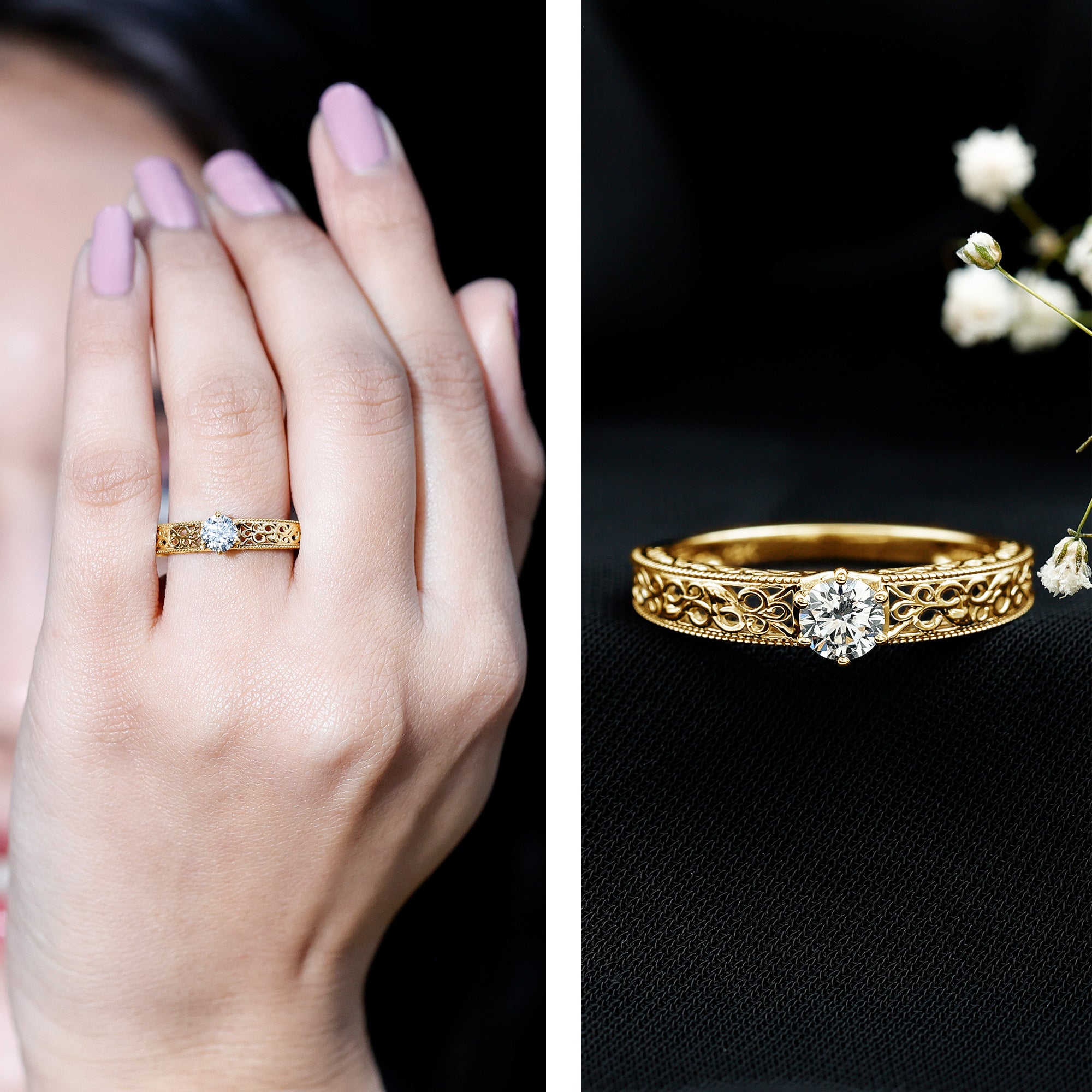 Round Cut Moissanite Solitaire Engagement Ring with Filigree Band D-VS1 - Rosec Jewels