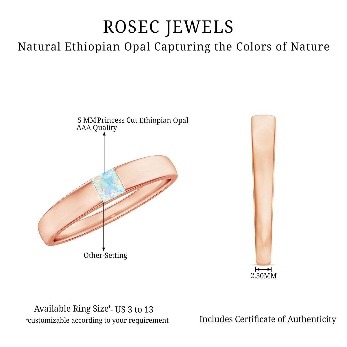Certified Real Ethiopian Rainbow Opal Princess Cut Engagement Ring AAA - Rosec Jewels