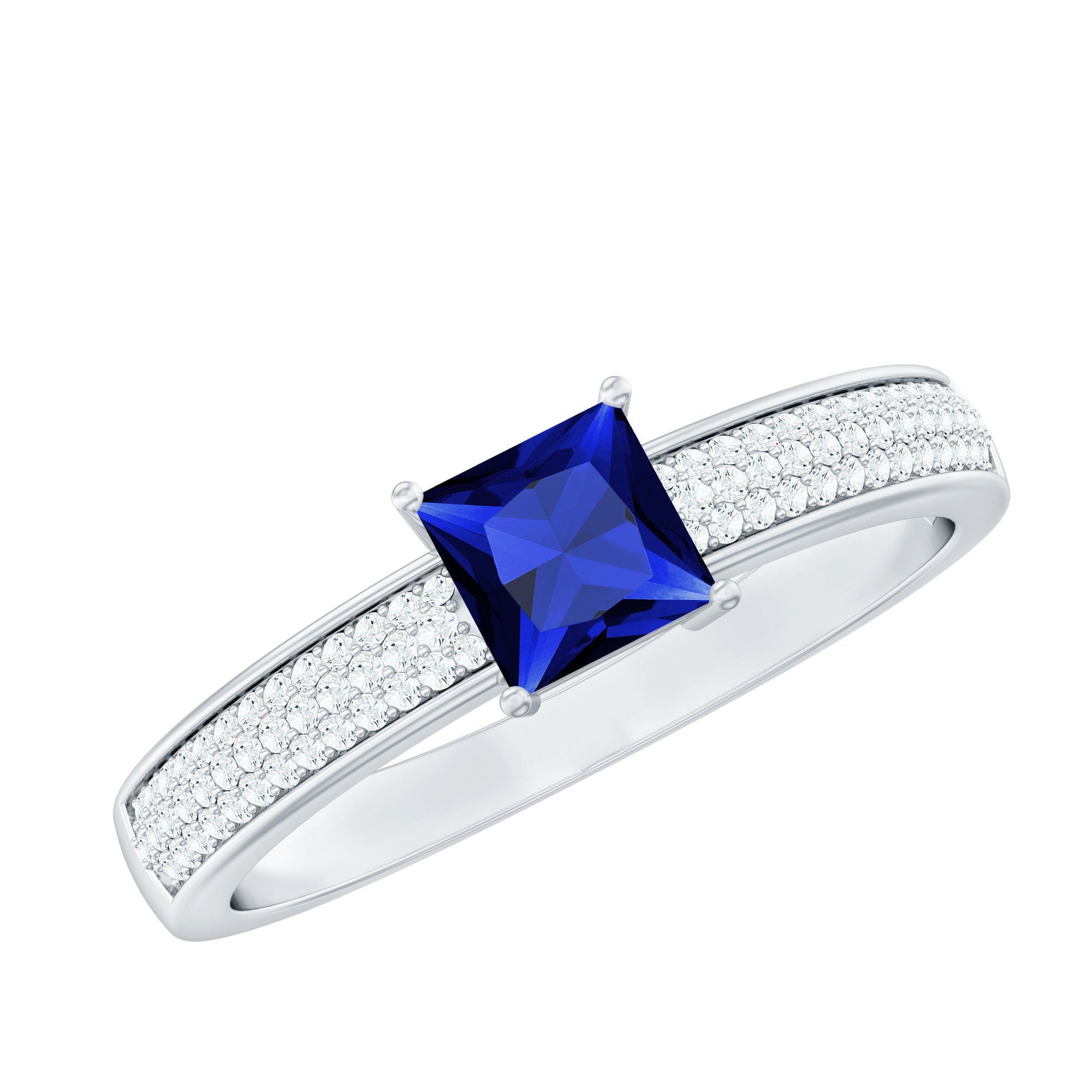5mm Princess Cut Lab Created Blue Sapphire Promise Ring with Diamond AAAA - Rosec Jewels