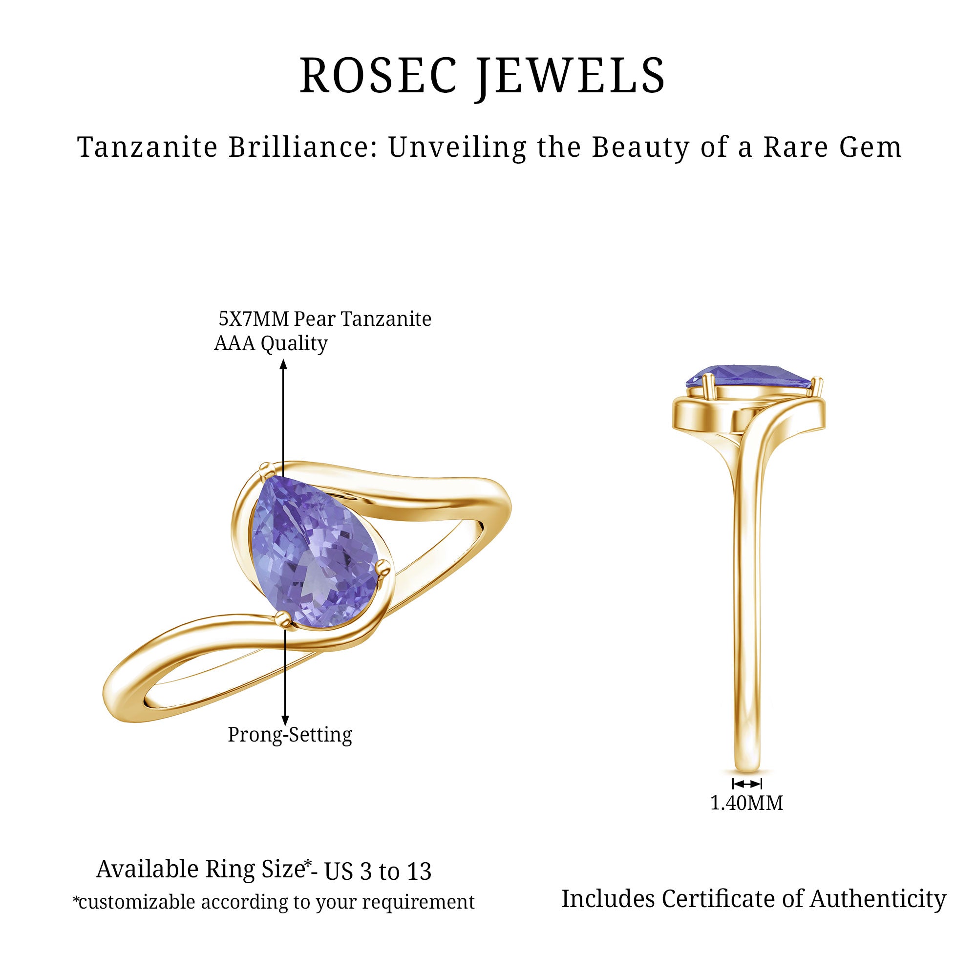 Rosec Jewels-Natural Tanzanite Solitaire Engagement Ring with Bypass Shank
