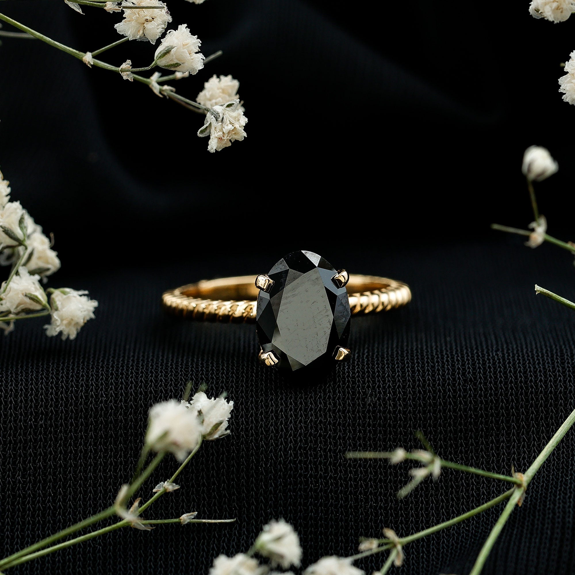 4.2 Carat Oval Lab Grown Black Diamond Solitaire Engagement Ring with Surprise White Diamond AAAA ( Synthetic ) - Rosec Jewels