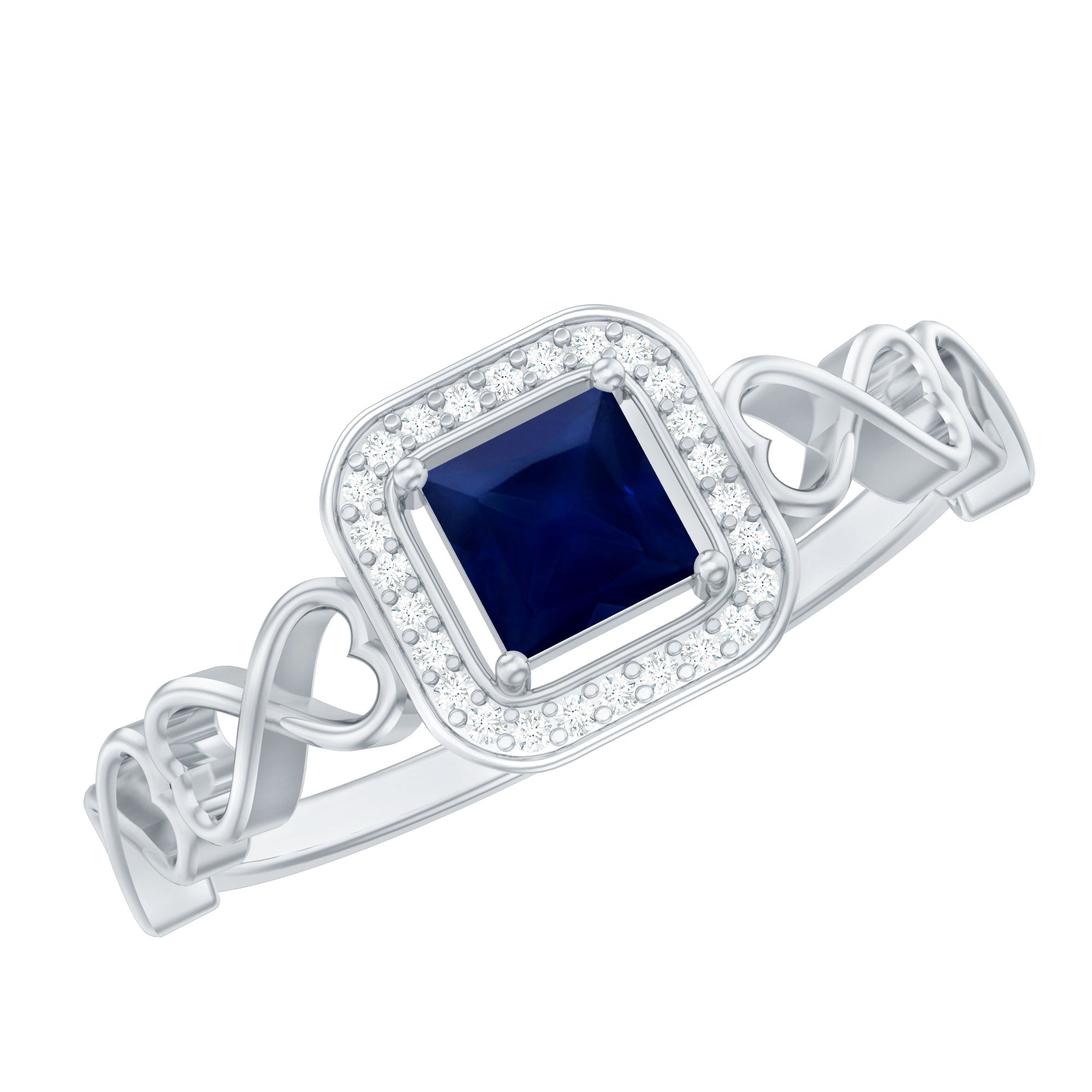 Natural Princess Cut Blue Sapphire Diamond Promise Ring with Infinity Heart Shank AAA - Rosec Jewels